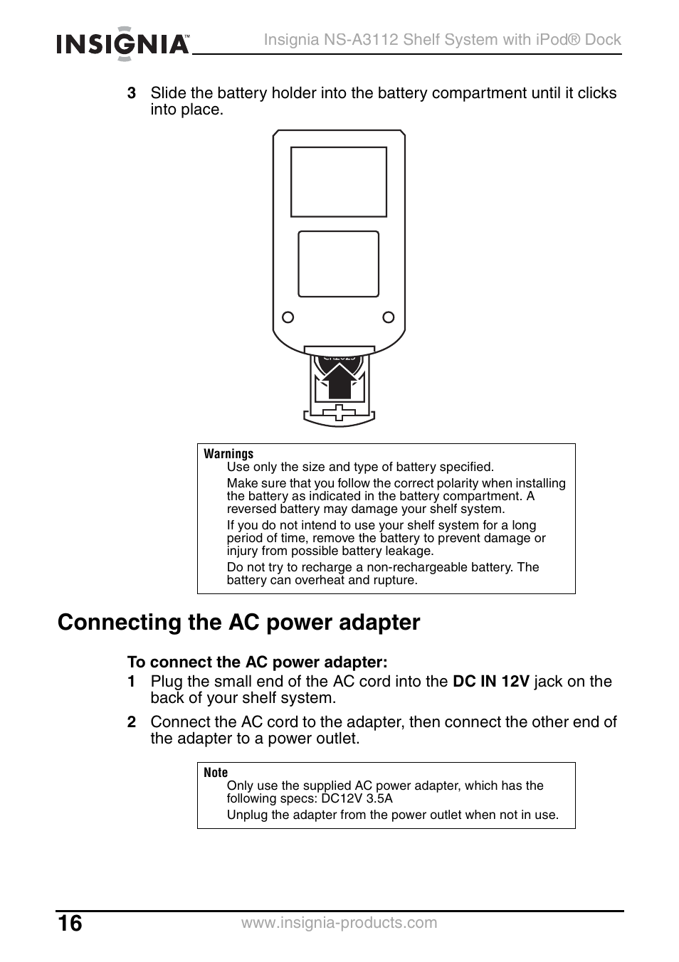 Connecting the ac power adapter | Insignia NS-A3112 User Manual | Page 16 / 100