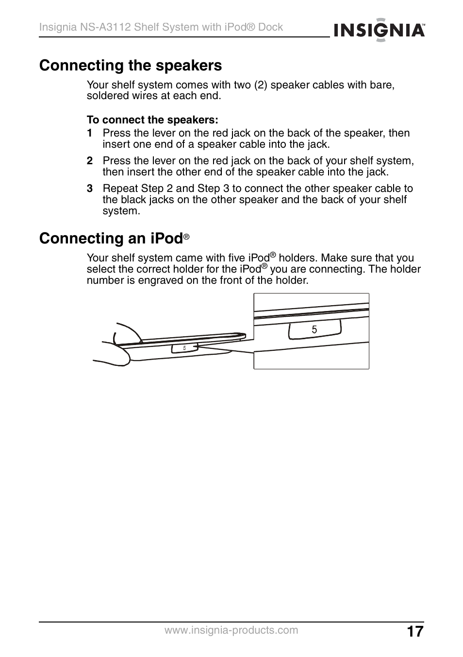 Connecting the speakers, Connecting an ipod | Insignia NS-A3112 User Manual | Page 17 / 100