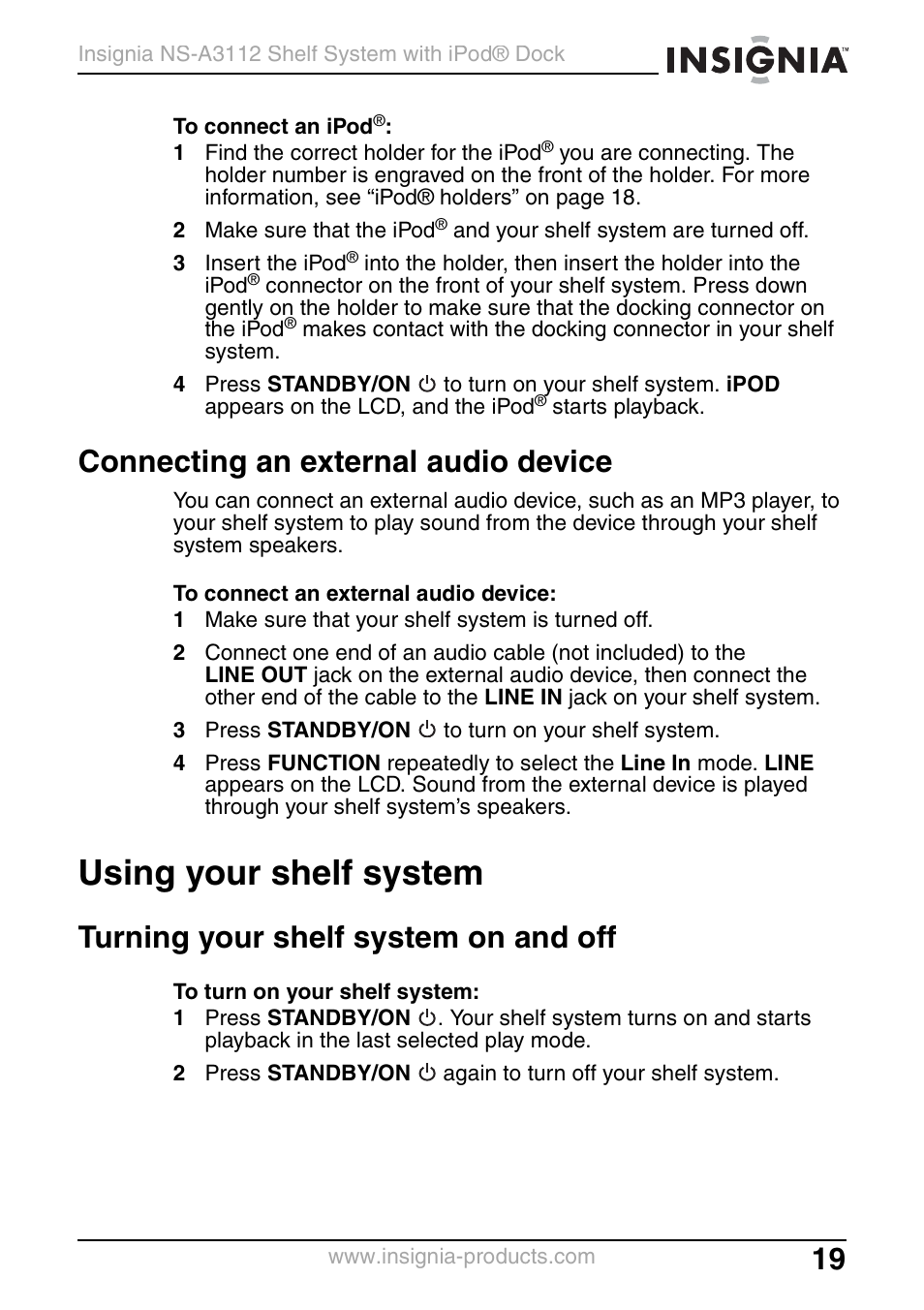 Connecting an external audio device, Using your shelf system, Turning your shelf system on and off | Insignia NS-A3112 User Manual | Page 19 / 100