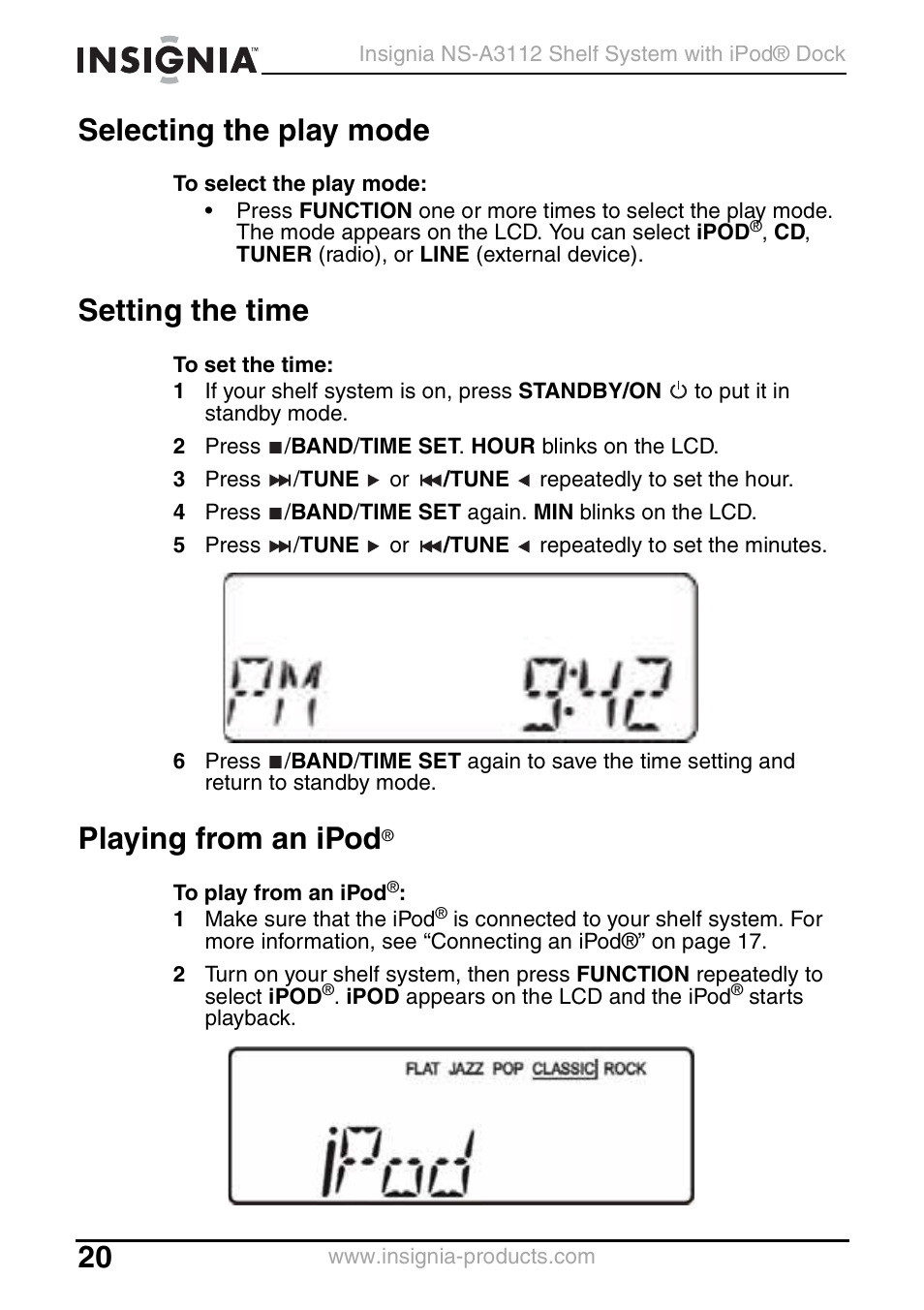 Selecting the play mode, Setting the time, Playing from an ipod | Insignia NS-A3112 User Manual | Page 20 / 100