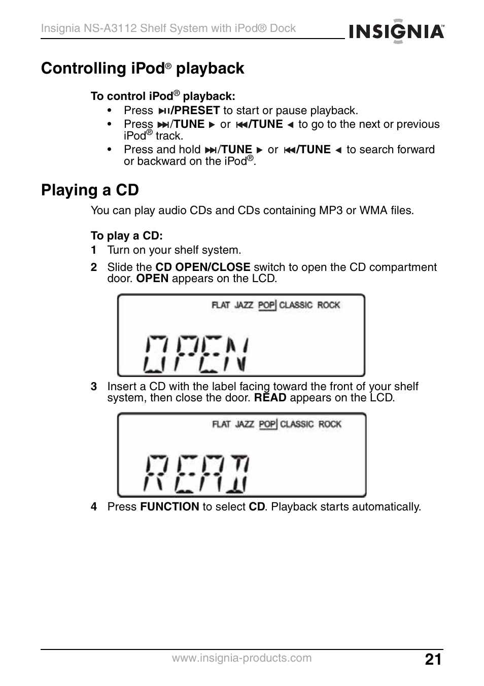 Controlling ipod® playback, Playing a cd, Controlling ipod | Playback | Insignia NS-A3112 User Manual | Page 21 / 100