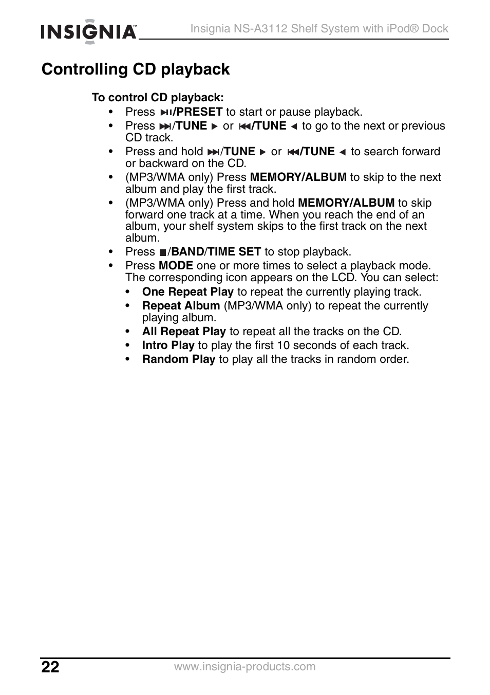 Controlling cd playback | Insignia NS-A3112 User Manual | Page 22 / 100