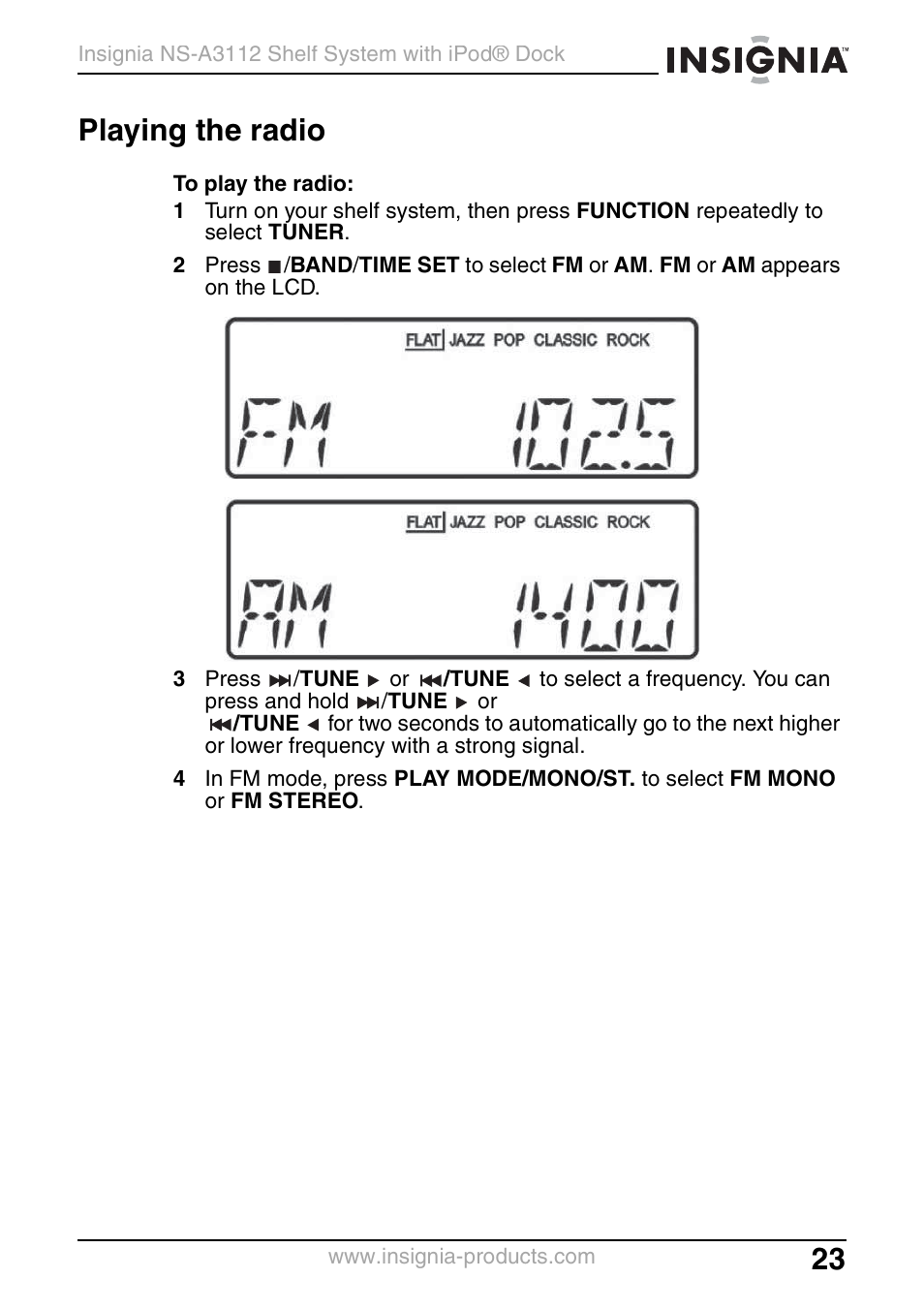 Playing the radio | Insignia NS-A3112 User Manual | Page 23 / 100