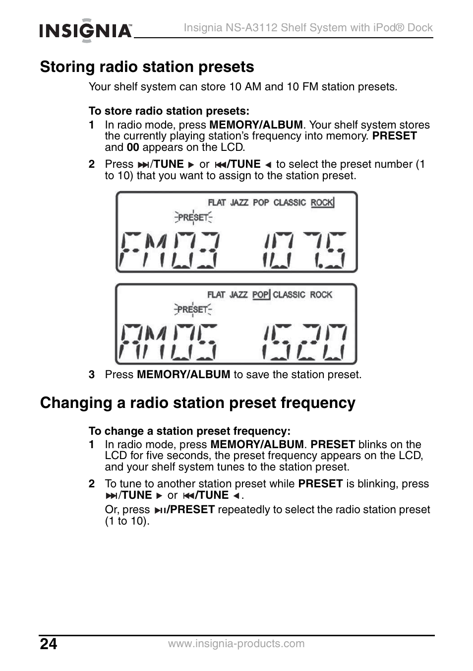 Storing radio station presets, Changing a radio station preset frequency | Insignia NS-A3112 User Manual | Page 24 / 100