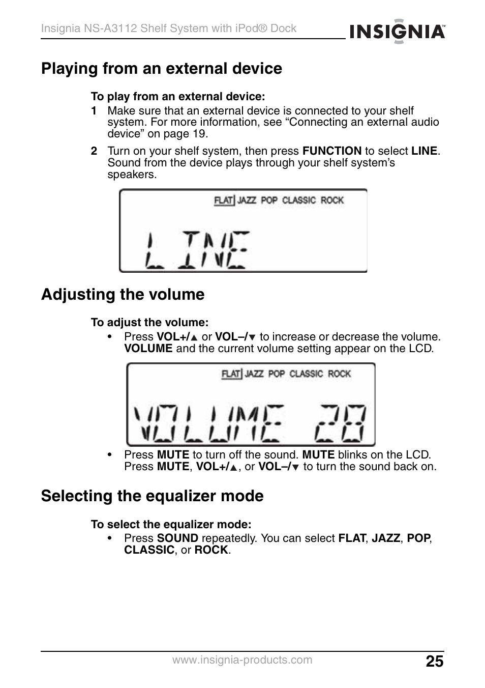 Playing from an external device, Adjusting the volume, Selecting the equalizer mode | Insignia NS-A3112 User Manual | Page 25 / 100