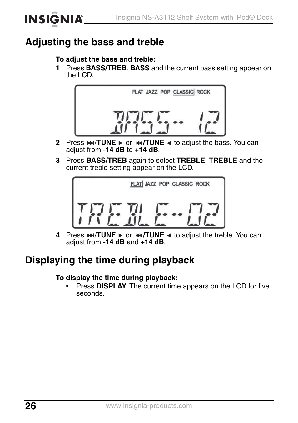 Adjusting the bass and treble, Displaying the time during playback | Insignia NS-A3112 User Manual | Page 26 / 100