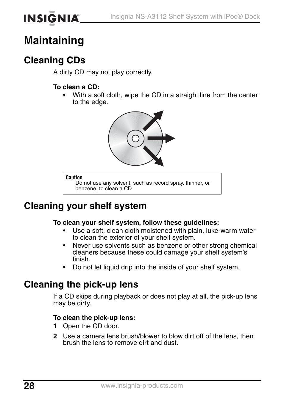 Maintaining, Cleaning cds, Cleaning your shelf system | Cleaning the pick-up lens | Insignia NS-A3112 User Manual | Page 28 / 100