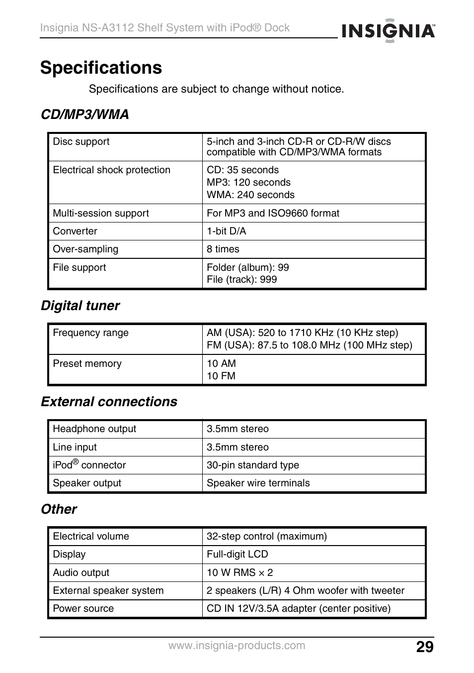 Specifications, Cd/mp3/wma, Digital tuner | External connections, Other | Insignia NS-A3112 User Manual | Page 29 / 100