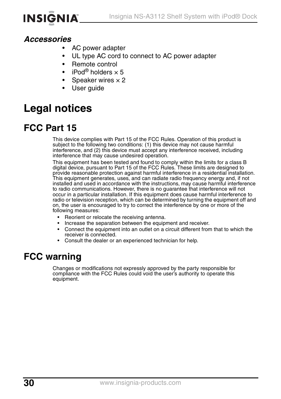 Accessories, Legal notices, Fcc part 15 | Fcc warning | Insignia NS-A3112 User Manual | Page 30 / 100