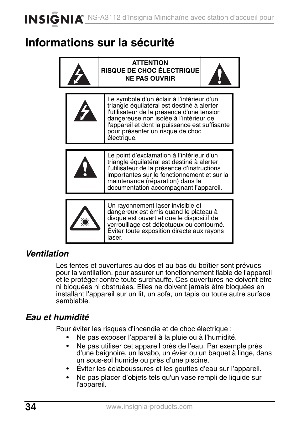Informations sur la sécurité, Ventilation, Eau et humidité | Insignia NS-A3112 User Manual | Page 34 / 100