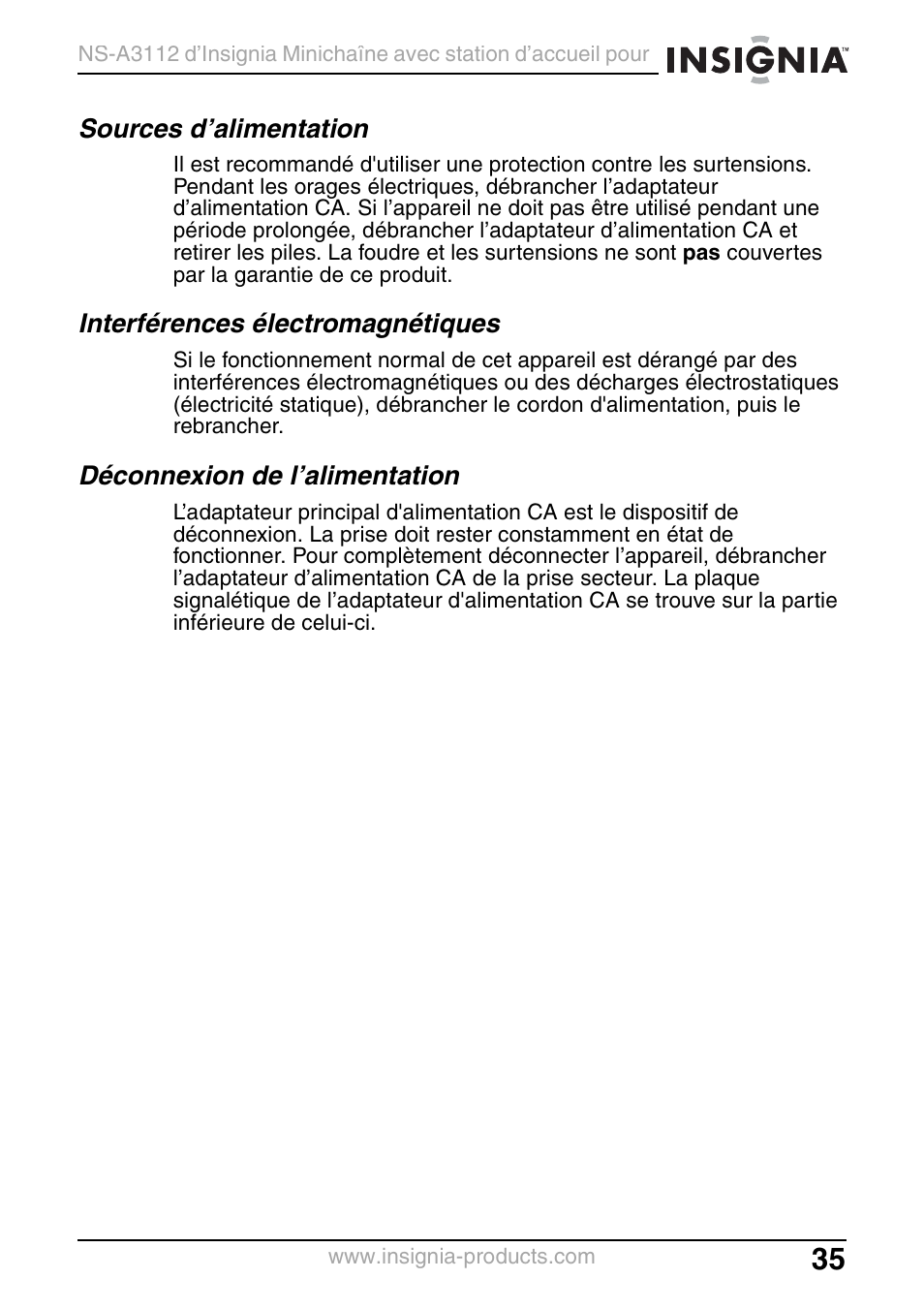 Sources d’alimentation, Interférences électromagnétiques, Déconnexion de l’alimentation | Insignia NS-A3112 User Manual | Page 35 / 100