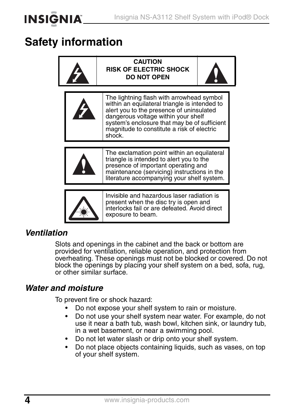 Safety information, Ventilation, Water and moisture | Insignia NS-A3112 User Manual | Page 4 / 100