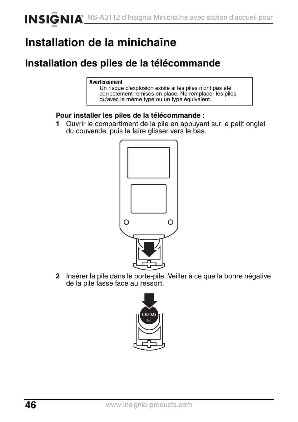 Installation de la minichaîne, Installation des piles de la télécommande | Insignia NS-A3112 User Manual | Page 46 / 100