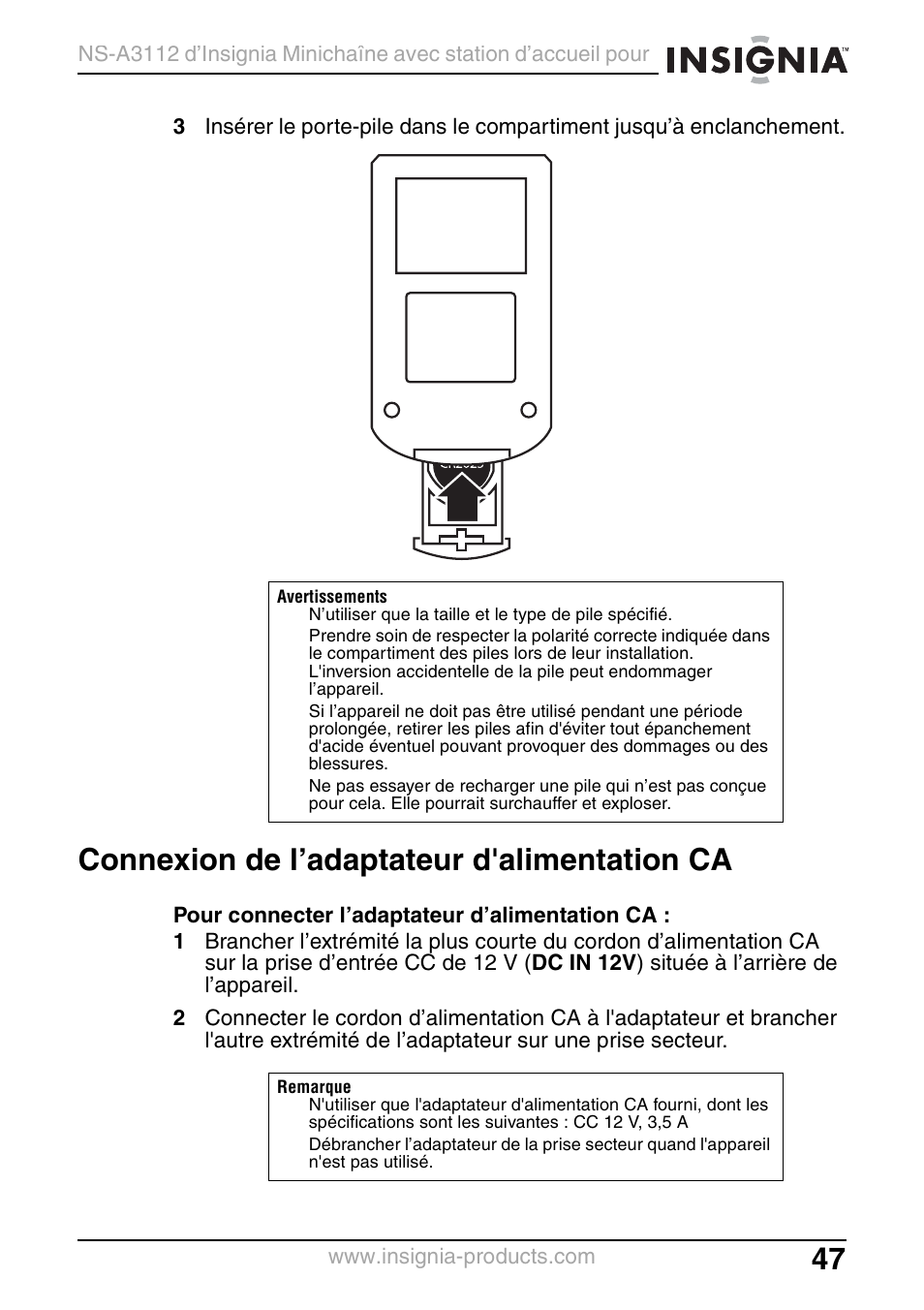 Connexion de l’adaptateur d'alimentation ca | Insignia NS-A3112 User Manual | Page 47 / 100