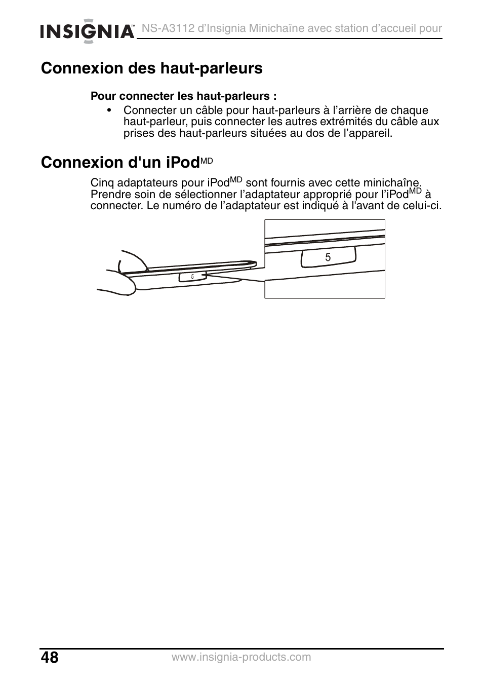 Connexion des haut-parleurs, Connexion d'un ipodmd, Connexion d'un ipod | Insignia NS-A3112 User Manual | Page 48 / 100