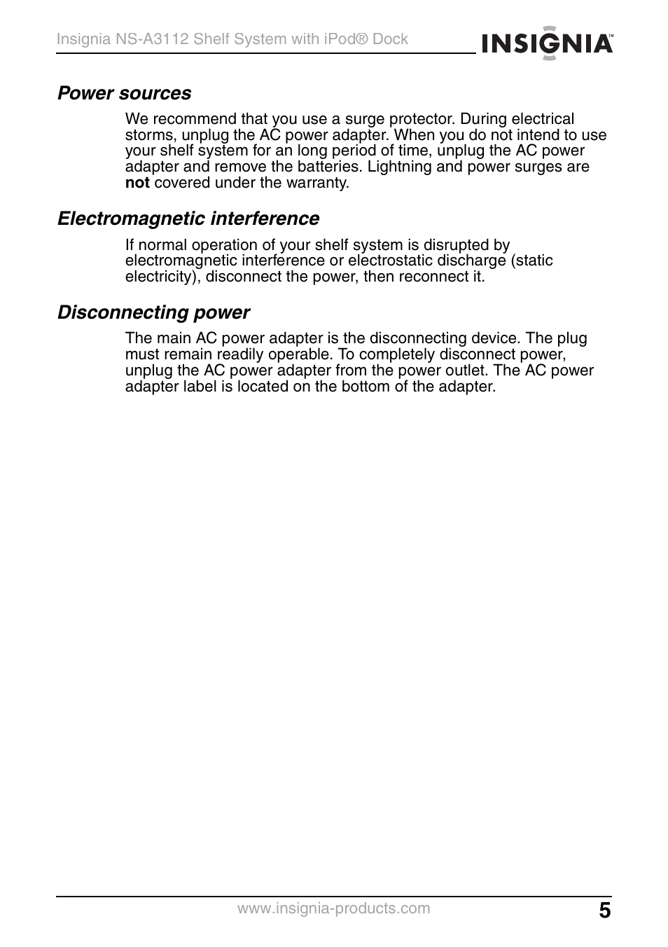 Power sources, Electromagnetic interference, Disconnecting power | Insignia NS-A3112 User Manual | Page 5 / 100