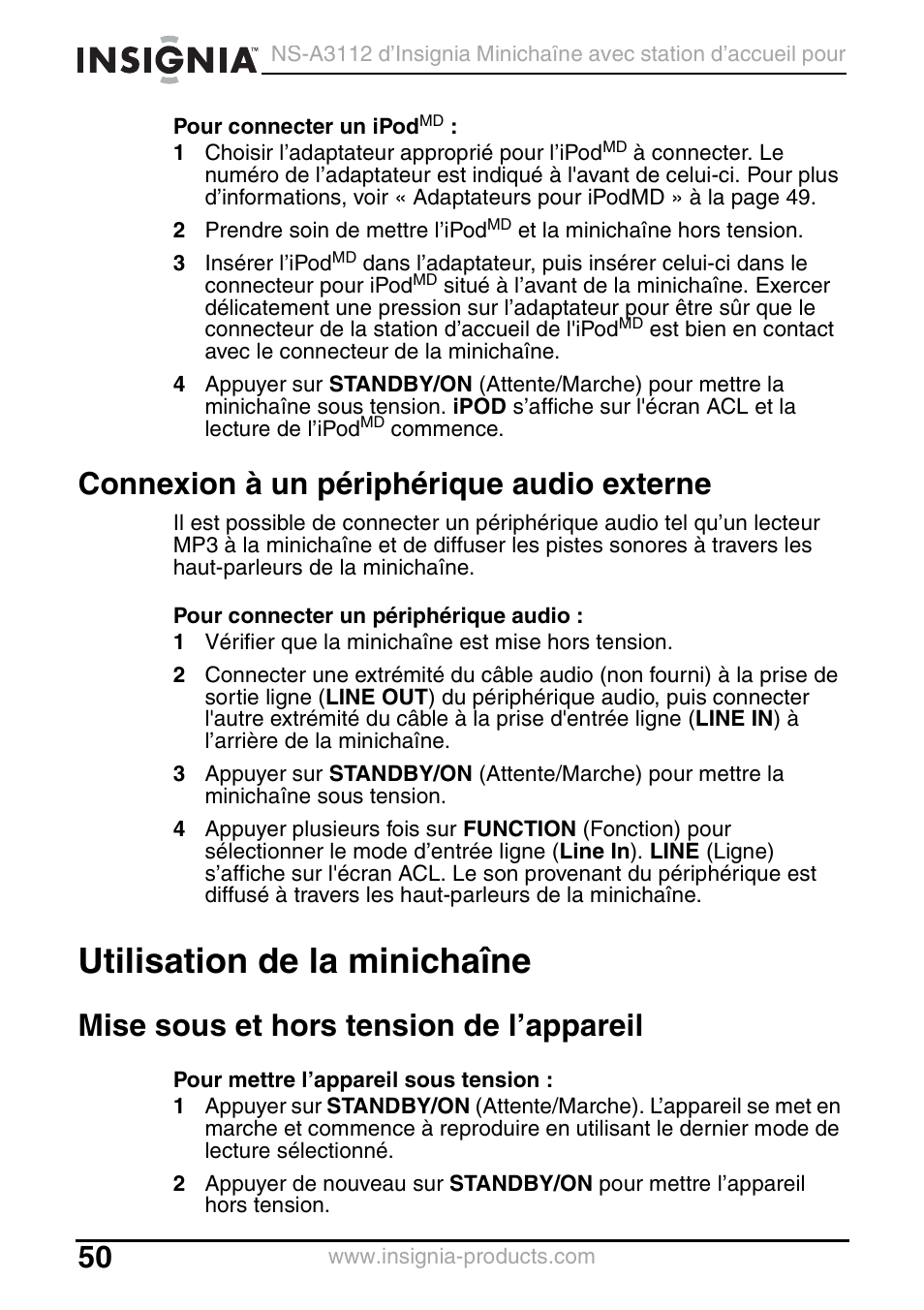 Connexion à un périphérique audio externe, Utilisation de la minichaîne, Mise sous et hors tension de l’appareil | Insignia NS-A3112 User Manual | Page 50 / 100