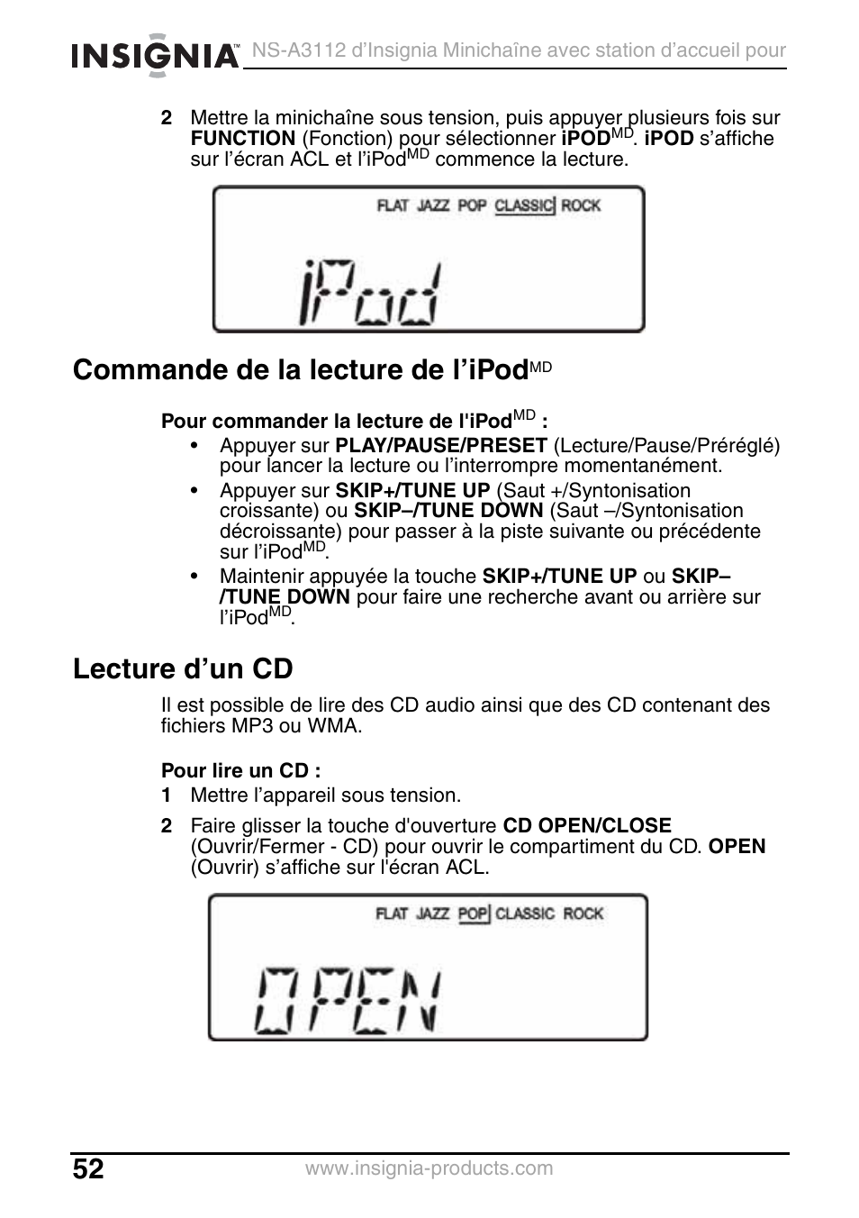 Commande de la lecture de l’ipodmd, Lecture d’un cd, Commande de la lecture de l’ipod | Insignia NS-A3112 User Manual | Page 52 / 100