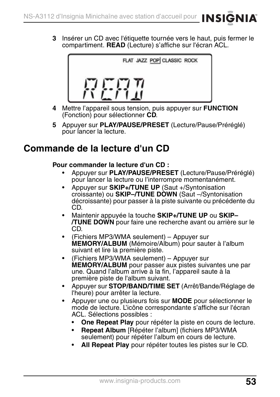 Commande de la lecture d'un cd | Insignia NS-A3112 User Manual | Page 53 / 100