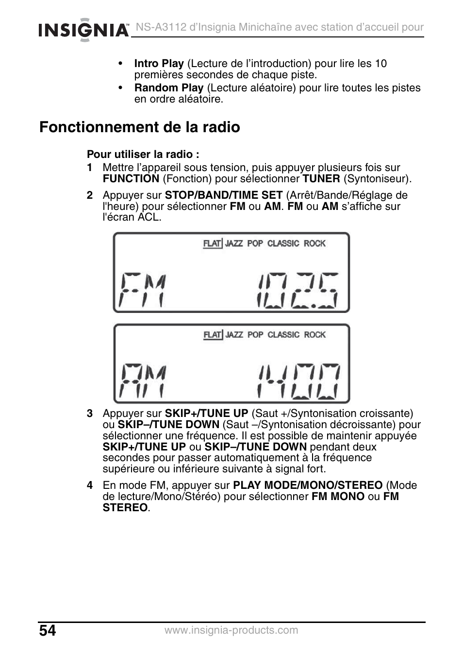 Fonctionnement de la radio | Insignia NS-A3112 User Manual | Page 54 / 100