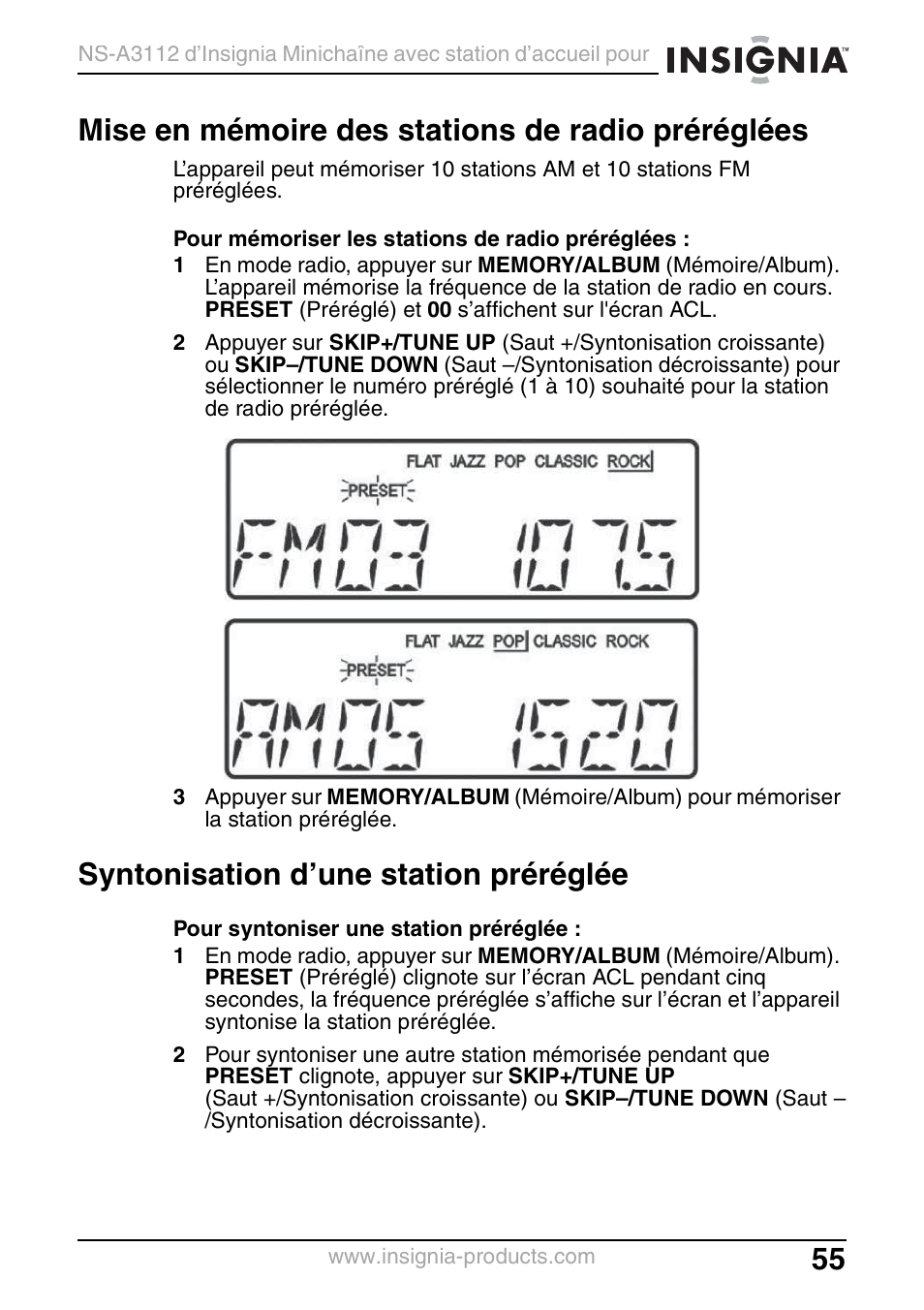 Mise en mémoire des stations de radio préréglées, Syntonisation d’une station préréglée | Insignia NS-A3112 User Manual | Page 55 / 100