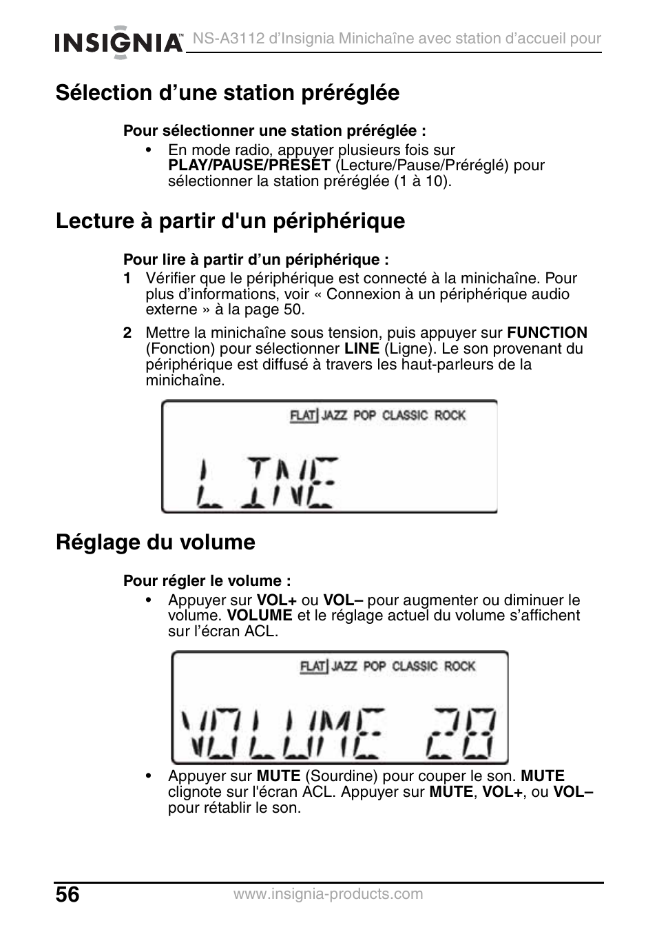 Sélection d’une station préréglée, Lecture à partir d'un périphérique, Réglage du volume | Insignia NS-A3112 User Manual | Page 56 / 100