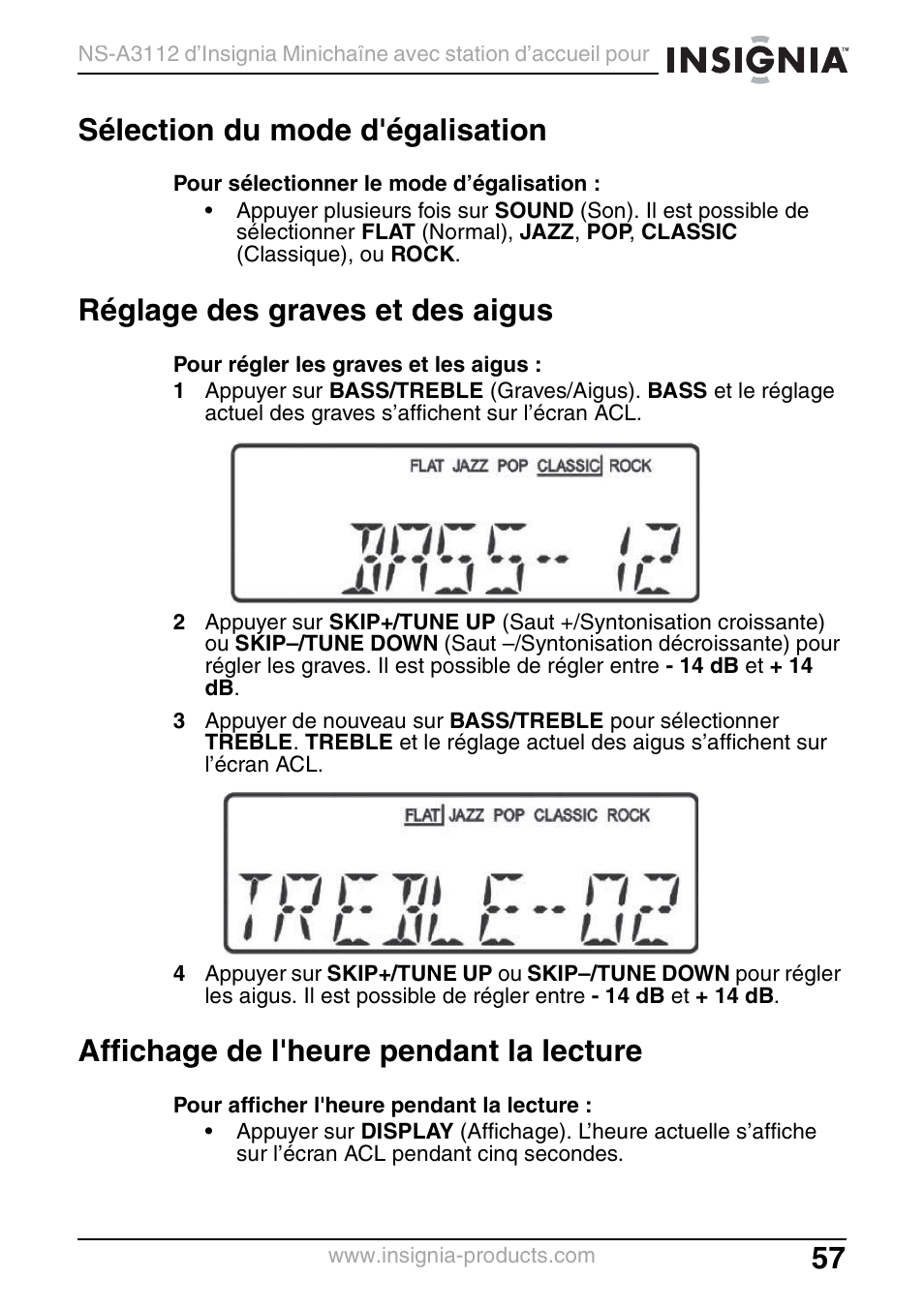 Sélection du mode d'égalisation, Réglage des graves et des aigus, Affichage de l'heure pendant la lecture | Insignia NS-A3112 User Manual | Page 57 / 100