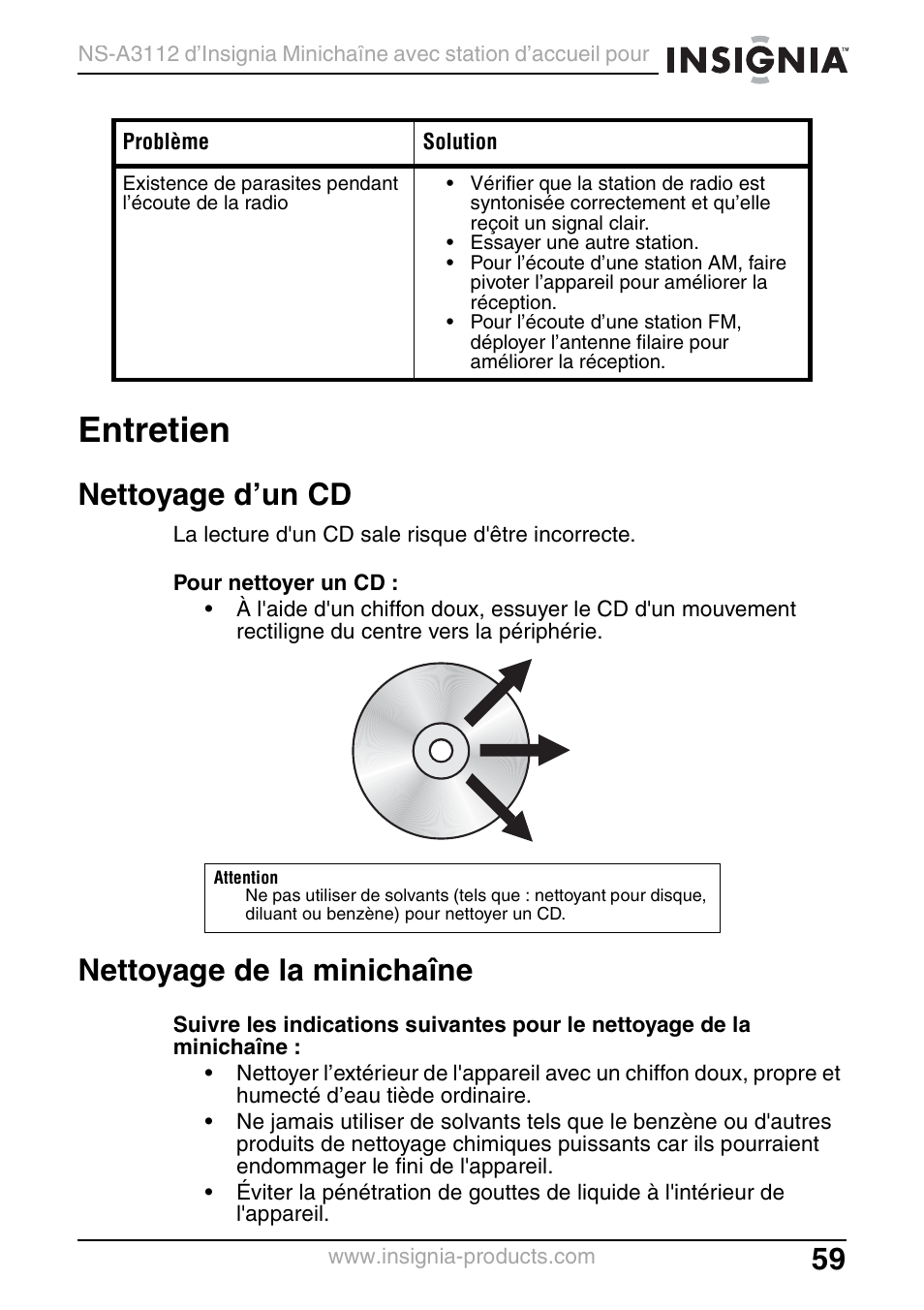Entretien, Nettoyage d’un cd, Nettoyage de la minichaîne | Insignia NS-A3112 User Manual | Page 59 / 100