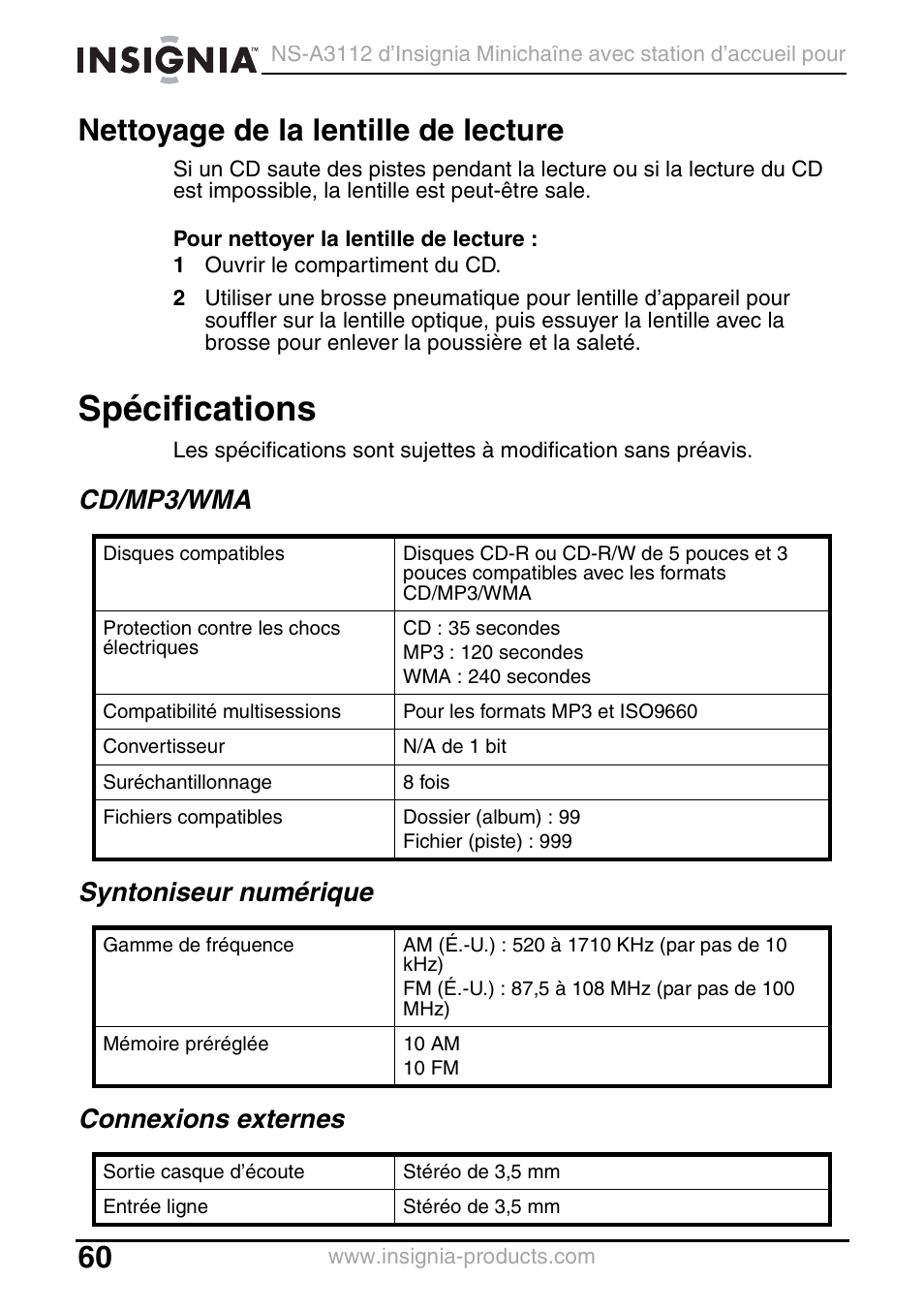 Nettoyage de la lentille de lecture, Spécifications, Cd/mp3/wma | Syntoniseur numérique, Connexions externes | Insignia NS-A3112 User Manual | Page 60 / 100