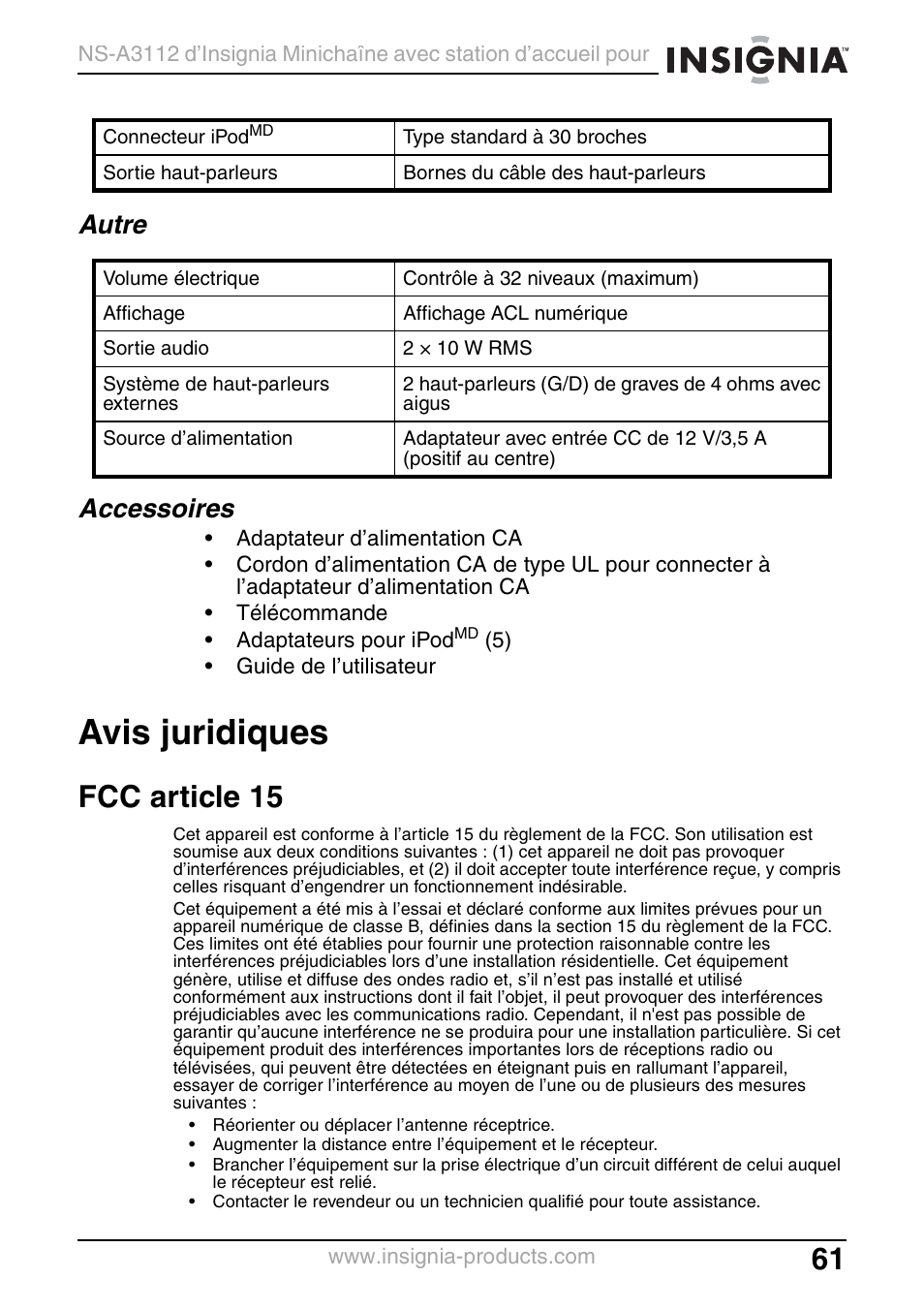 Autre, Accessoires, Avis juridiques | Fcc article 15, Autre accessoires | Insignia NS-A3112 User Manual | Page 61 / 100