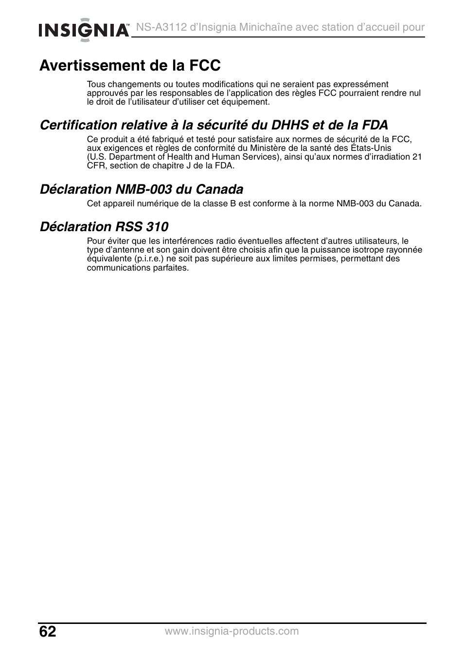 Avertissement de la fcc, Déclaration nmb-003 du canada, Déclaration rss 310 | Insignia NS-A3112 User Manual | Page 62 / 100