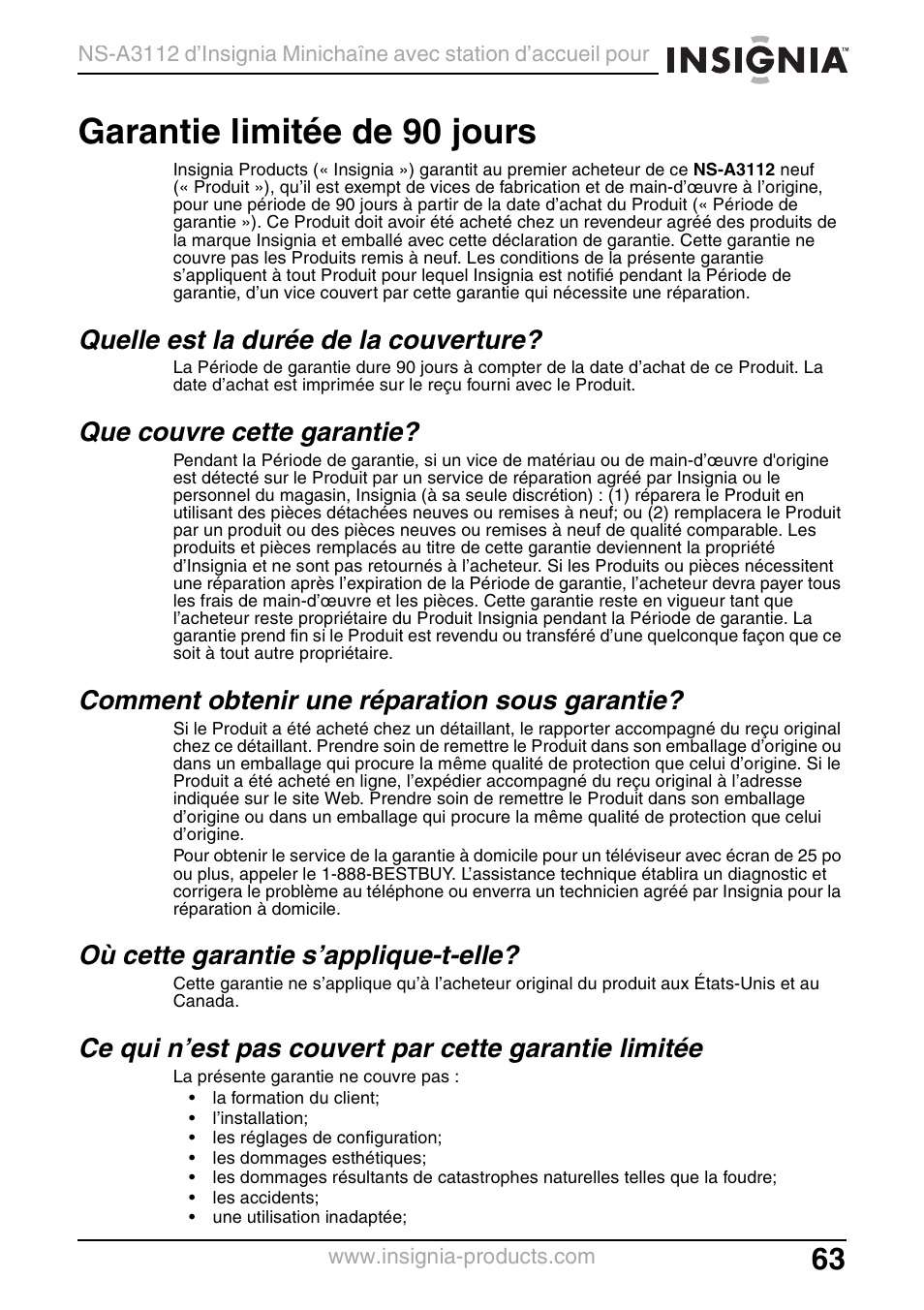 Quelle est la durée de la couverture, Que couvre cette garantie, Comment obtenir une réparation sous garantie | Où cette garantie s’applique-t-elle, Garantie limitée de 90 jours | Insignia NS-A3112 User Manual | Page 63 / 100