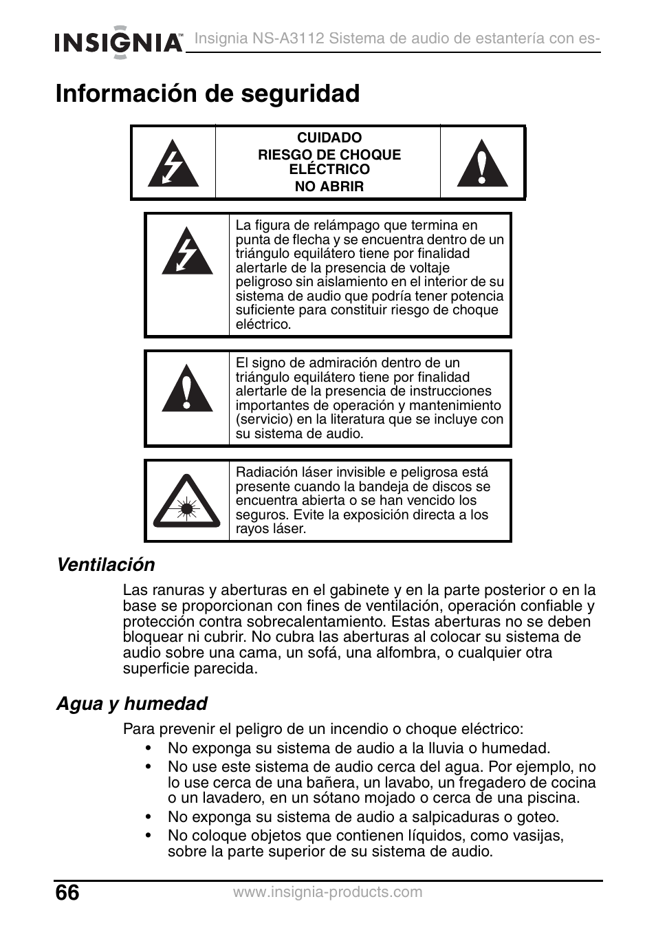 Información de seguridad, Ventilación, Agua y humedad | Insignia NS-A3112 User Manual | Page 66 / 100