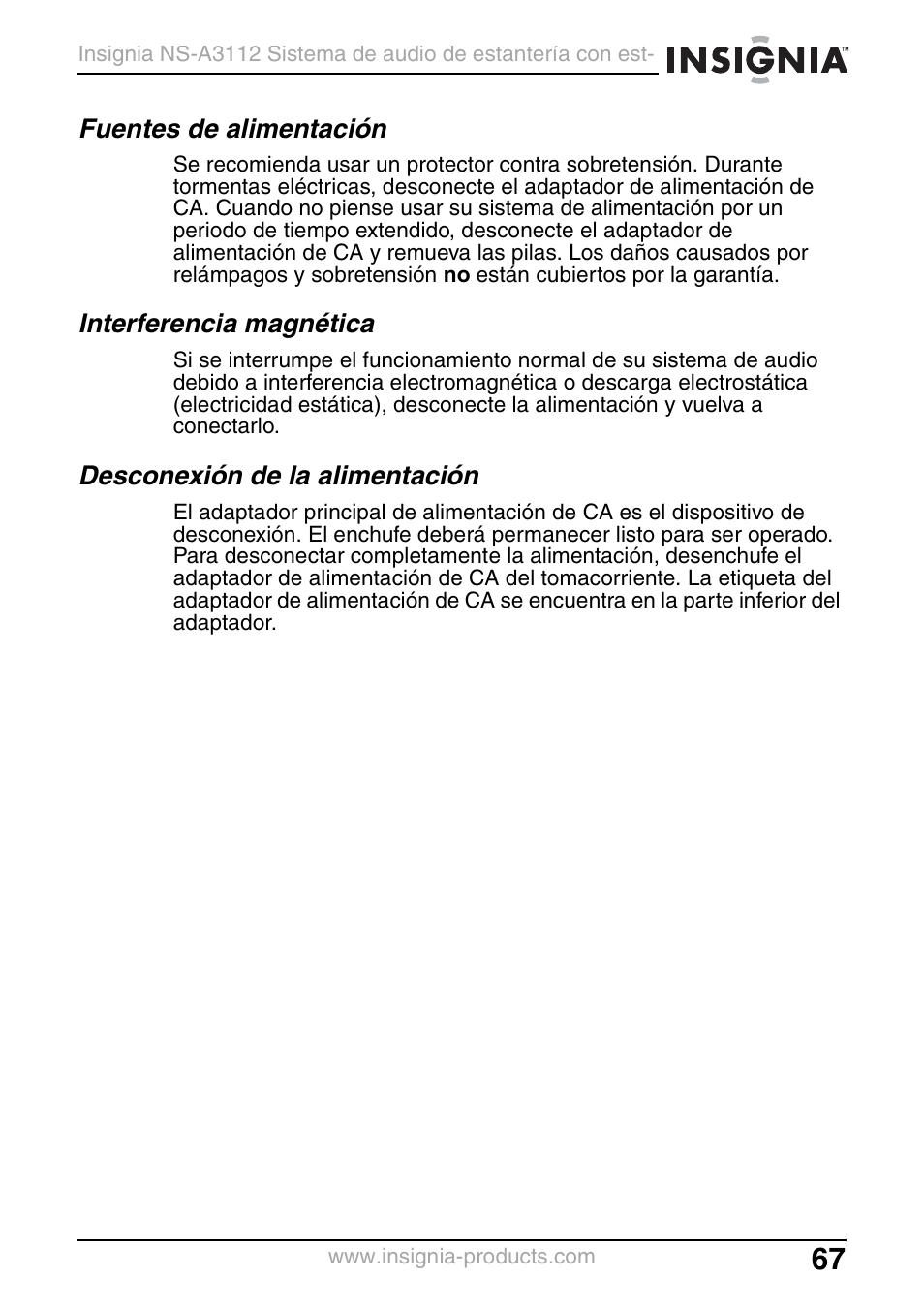 Fuentes de alimentación, Interferencia magnética, Desconexión de la alimentación | Insignia NS-A3112 User Manual | Page 67 / 100