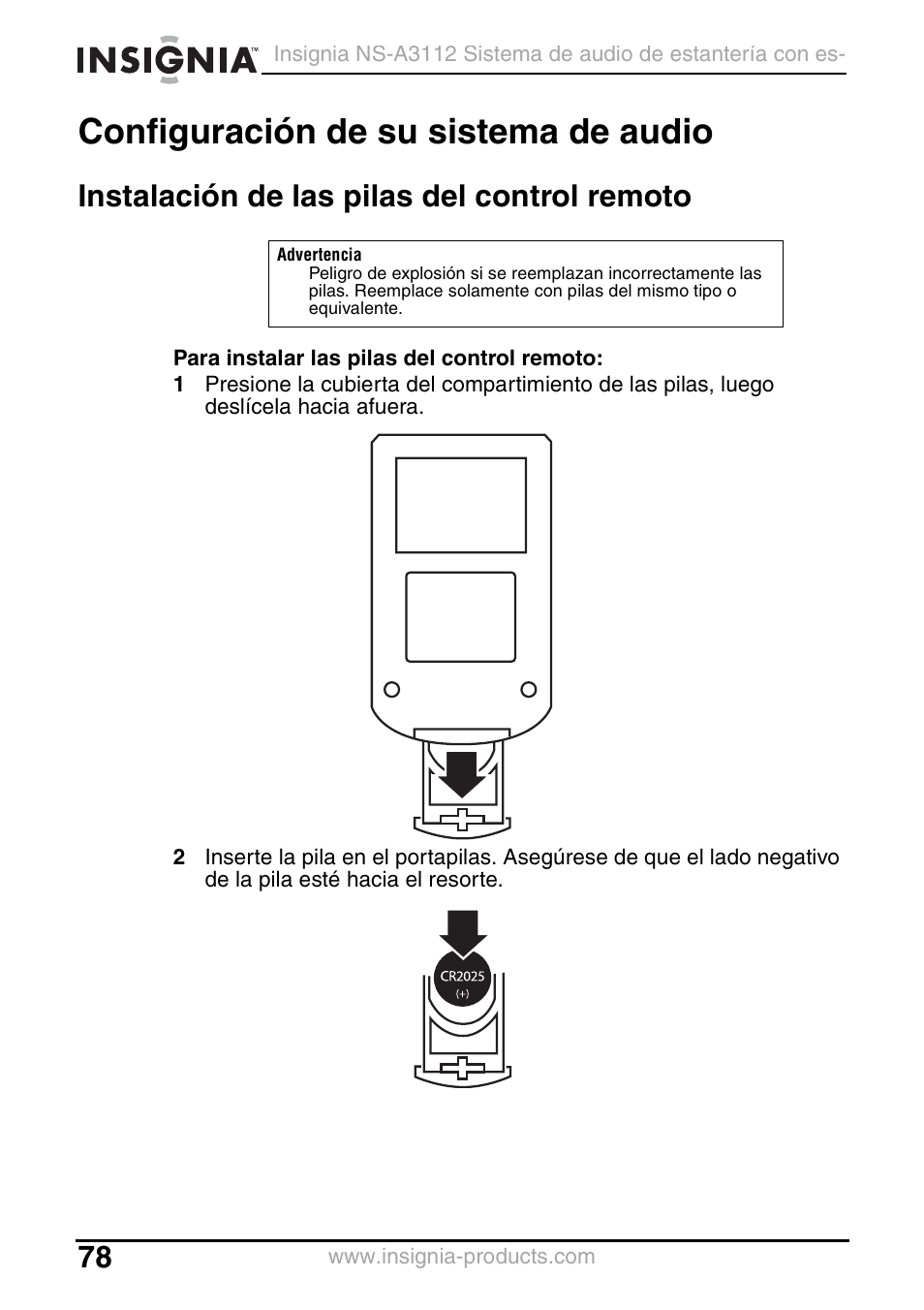Configuración de su sistema de audio, Instalación de las pilas del control remoto | Insignia NS-A3112 User Manual | Page 78 / 100