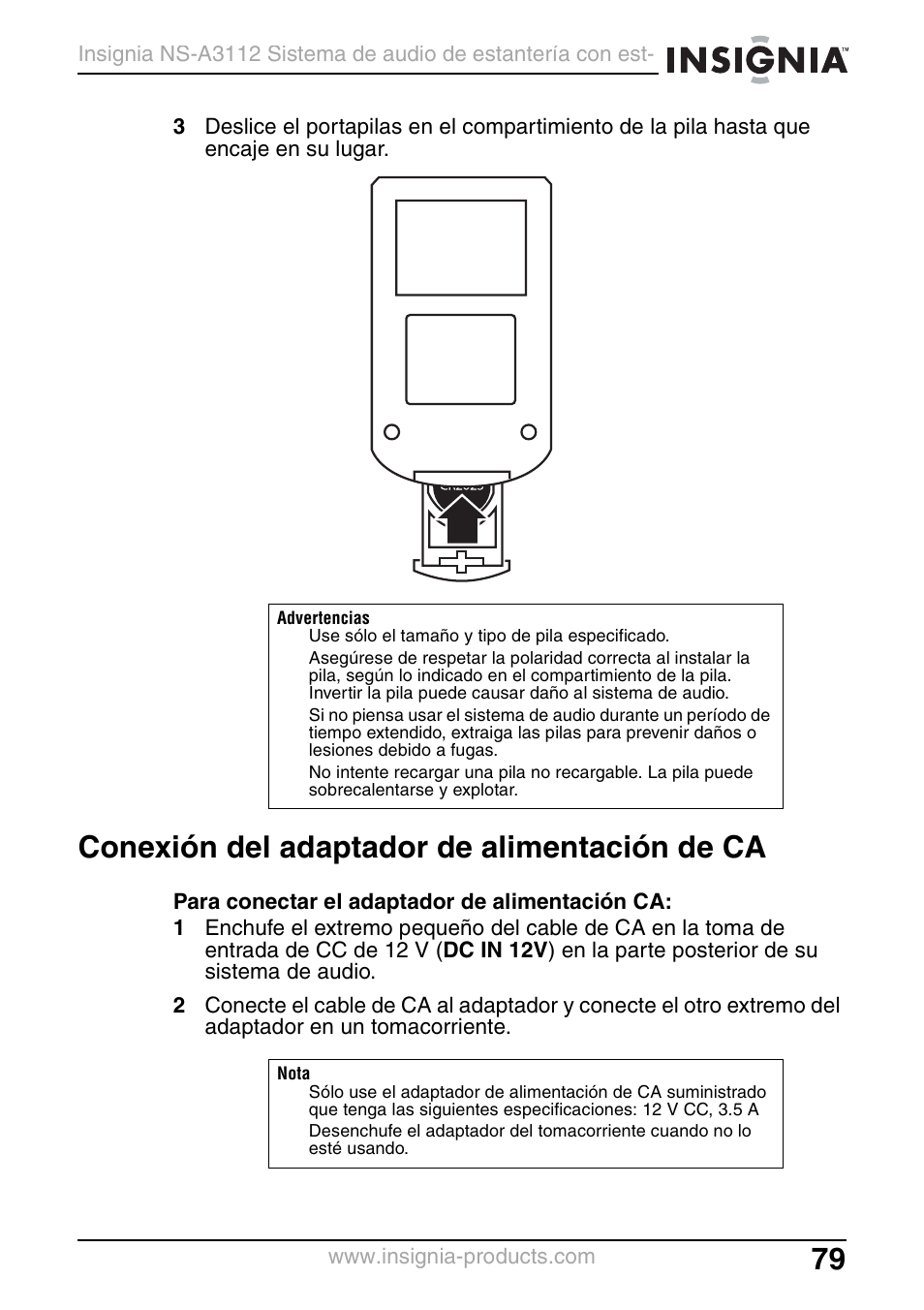 Conexión del adaptador de alimentación de ca | Insignia NS-A3112 User Manual | Page 79 / 100