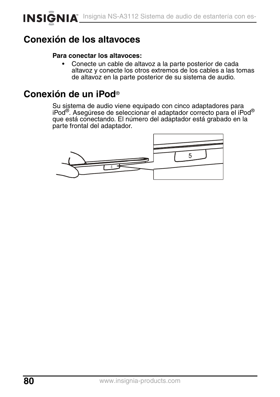 Conexión de los altavoces, Conexión de un ipod | Insignia NS-A3112 User Manual | Page 80 / 100