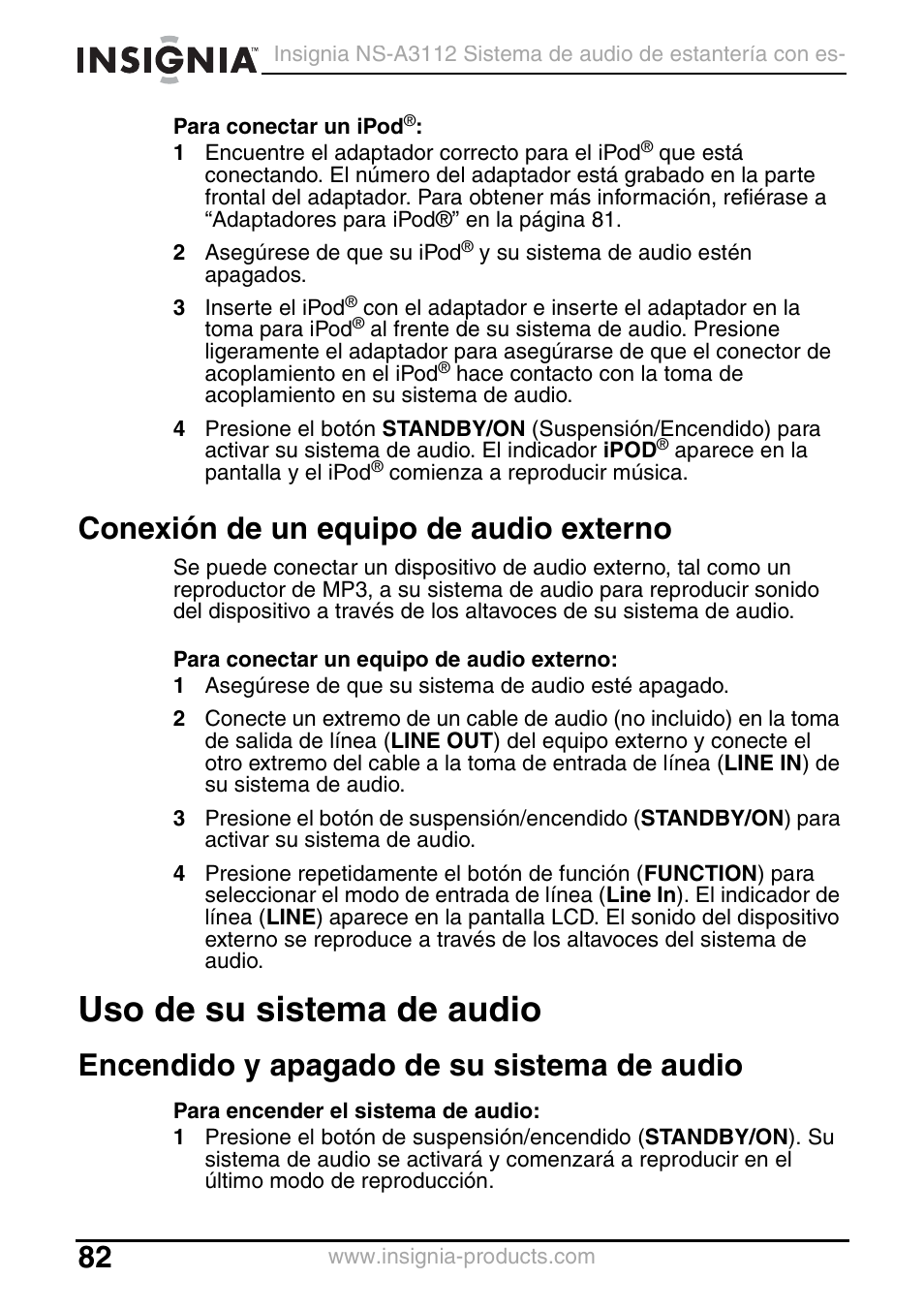 Conexión de un equipo de audio externo, Uso de su sistema de audio, Encendido y apagado de su sistema de audio | Insignia NS-A3112 User Manual | Page 82 / 100