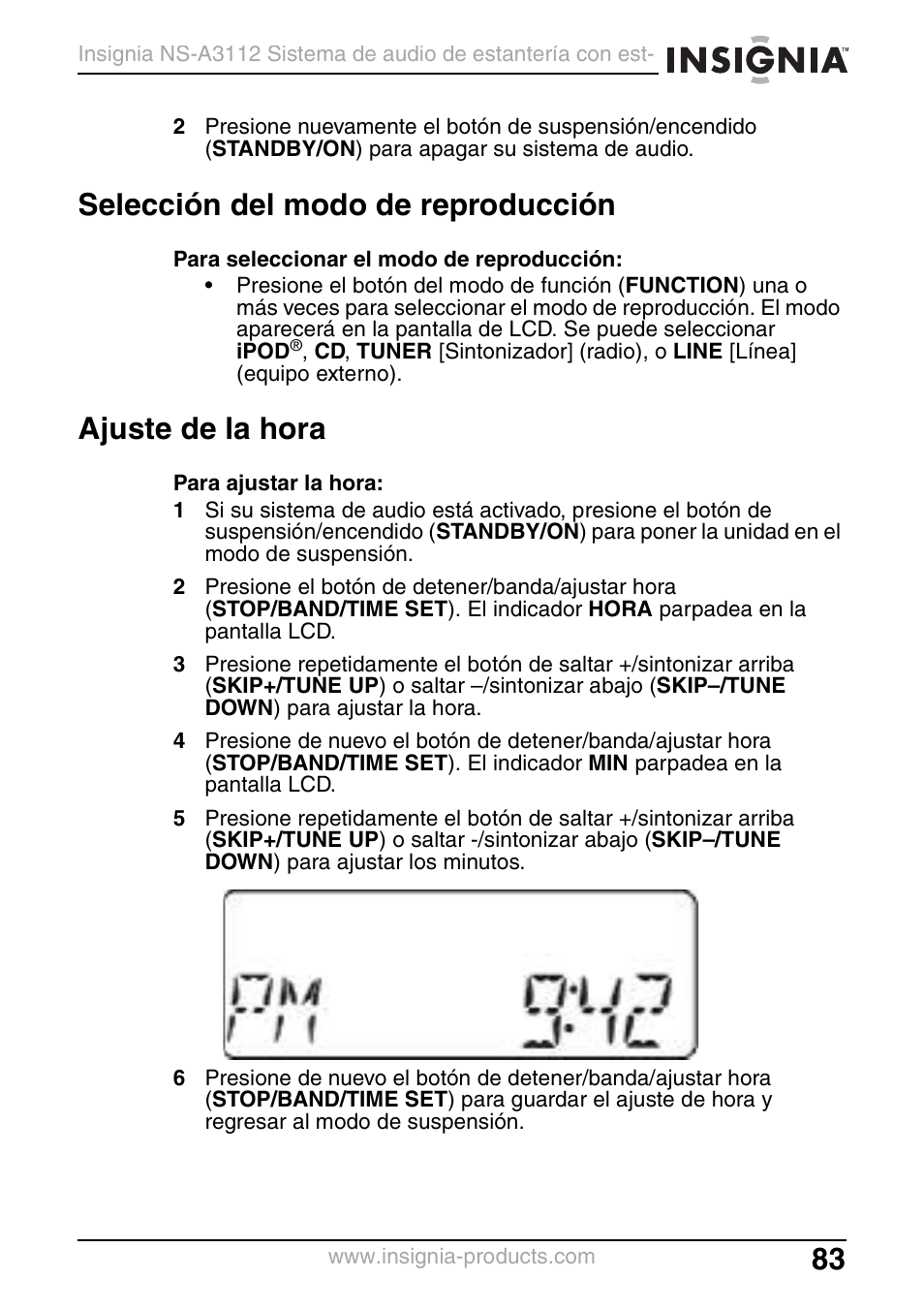 Selección del modo de reproducción, Ajuste de la hora | Insignia NS-A3112 User Manual | Page 83 / 100