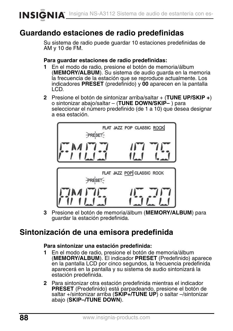 Guardando estaciones de radio predefinidas, Sintonización de una emisora predefinida | Insignia NS-A3112 User Manual | Page 88 / 100