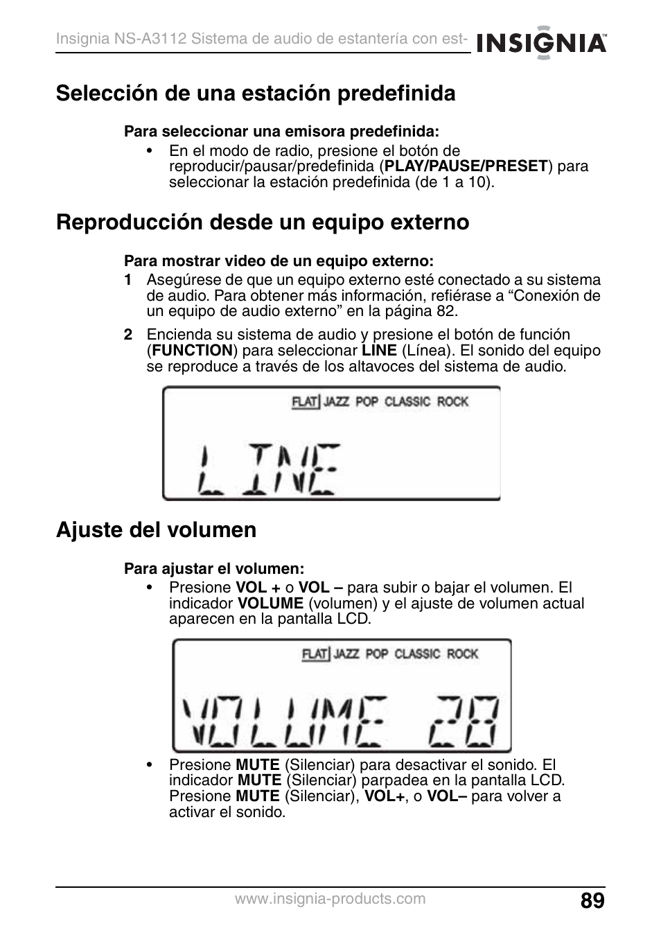 Selección de una estación predefinida, Reproducción desde un equipo externo, Ajuste del volumen | Insignia NS-A3112 User Manual | Page 89 / 100