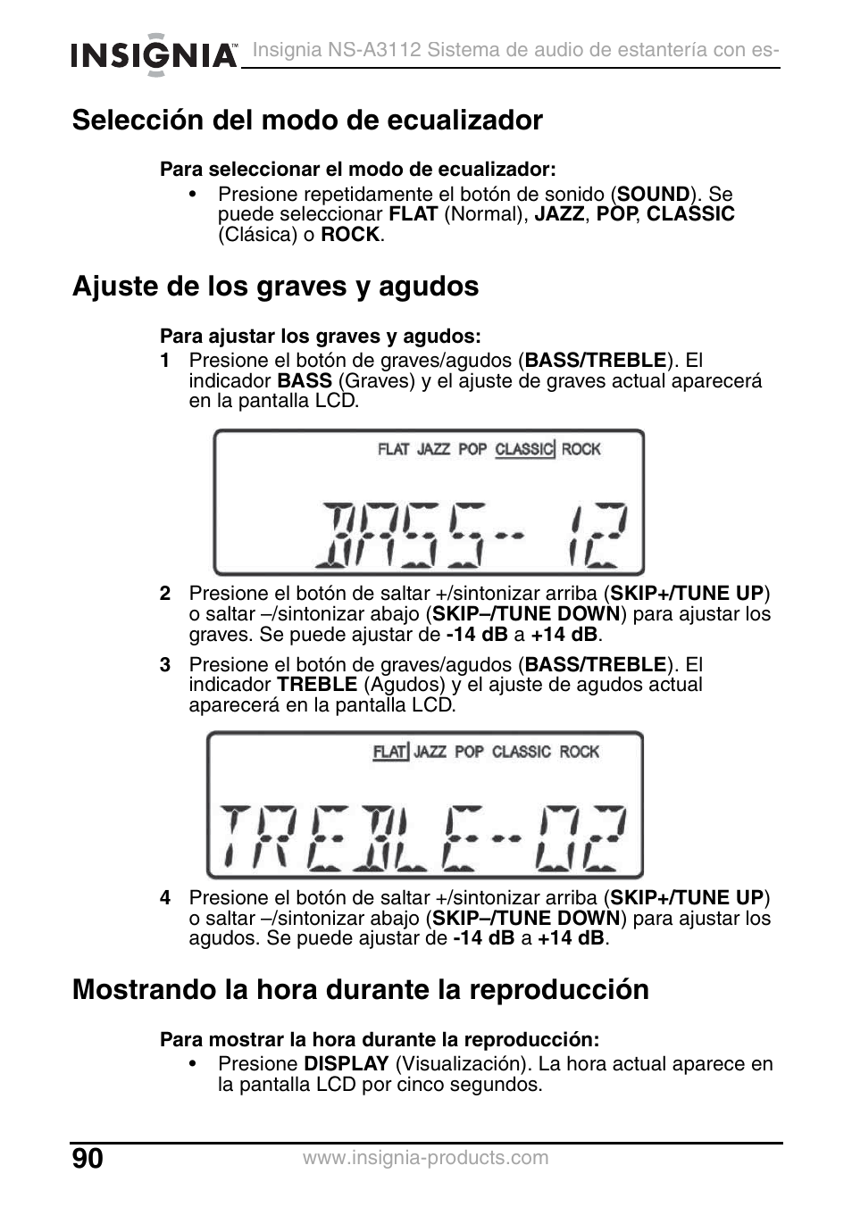 Selección del modo de ecualizador, Ajuste de los graves y agudos, Mostrando la hora durante la reproducción | Insignia NS-A3112 User Manual | Page 90 / 100