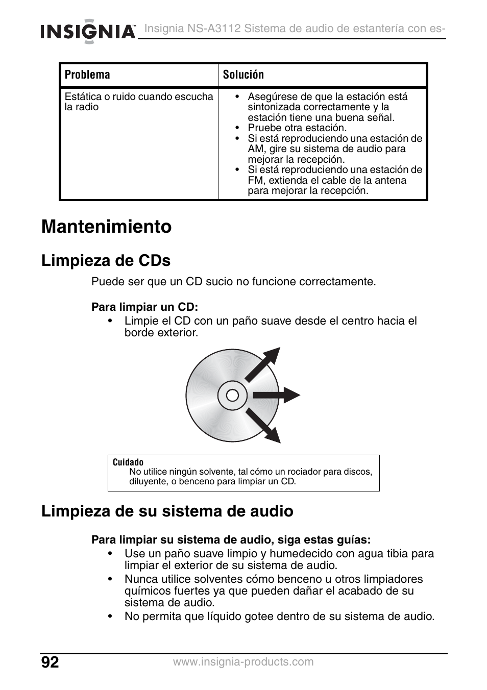 Mantenimiento, Limpieza de cds, Limpieza de su sistema de audio | Insignia NS-A3112 User Manual | Page 92 / 100