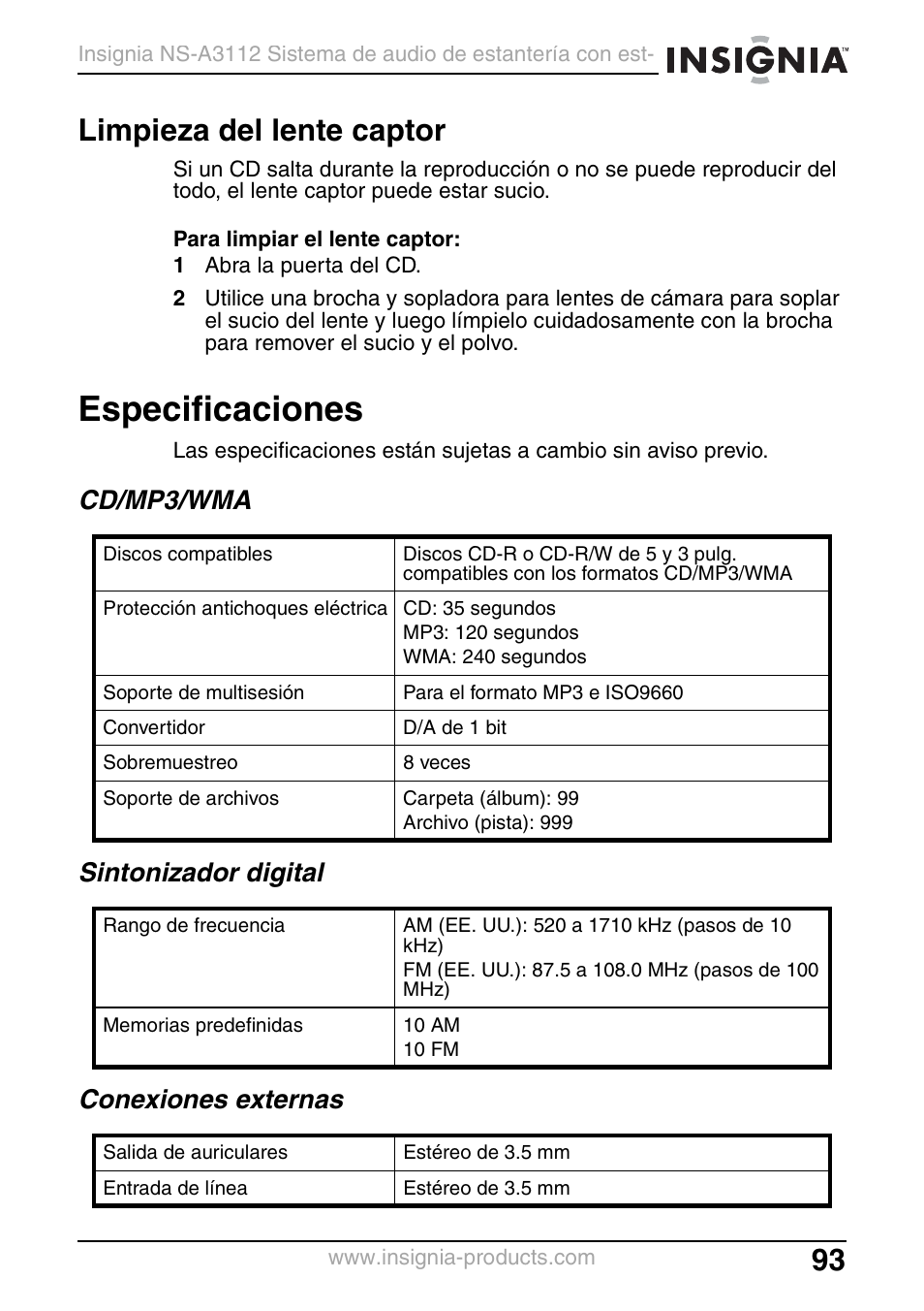 Limpieza del lente captor, Especificaciones, Cd/mp3/wma | Sintonizador digital, Conexiones externas | Insignia NS-A3112 User Manual | Page 93 / 100