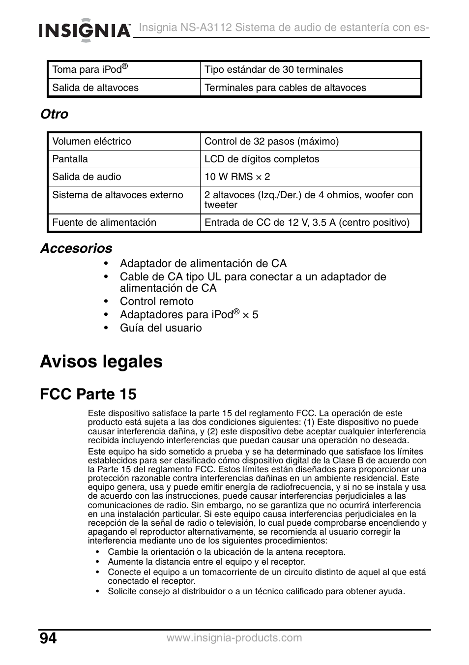 Otro, Accesorios, Avisos legales | Fcc parte 15, Otro accesorios | Insignia NS-A3112 User Manual | Page 94 / 100