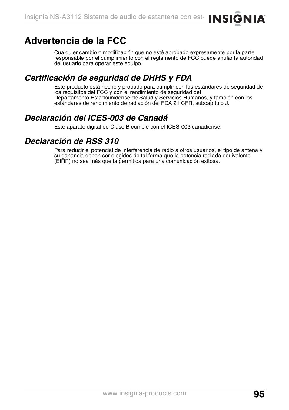 Advertencia de la fcc, Certificación de seguridad de dhhs y fda, Declaración del ices-003 de canadá | Declaración de rss 310 | Insignia NS-A3112 User Manual | Page 95 / 100