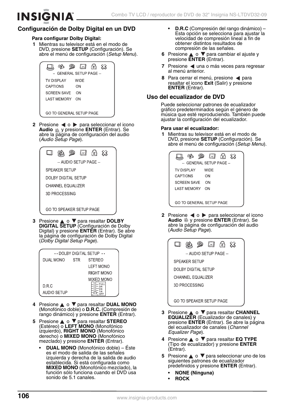 Configuración de dolby digital en un dvd, Uso del ecualizador de dvd | Insignia NS-LTDVD32-09 User Manual | Page 106 / 116