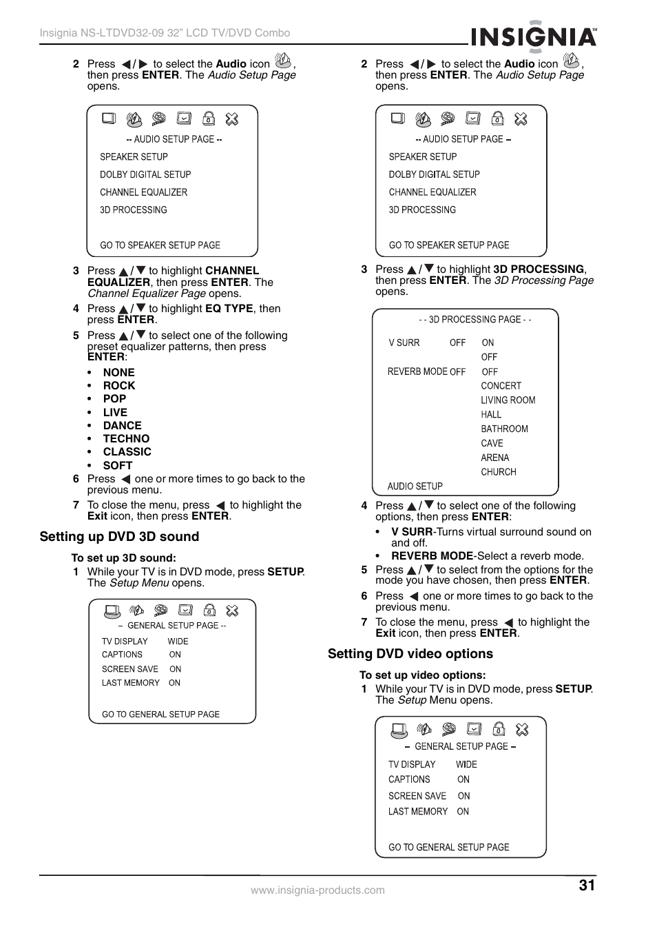 Setting up dvd 3d sound, Setting dvd video options, Setting up dvd 3d sound setting dvd video options | Insignia NS-LTDVD32-09 User Manual | Page 31 / 116