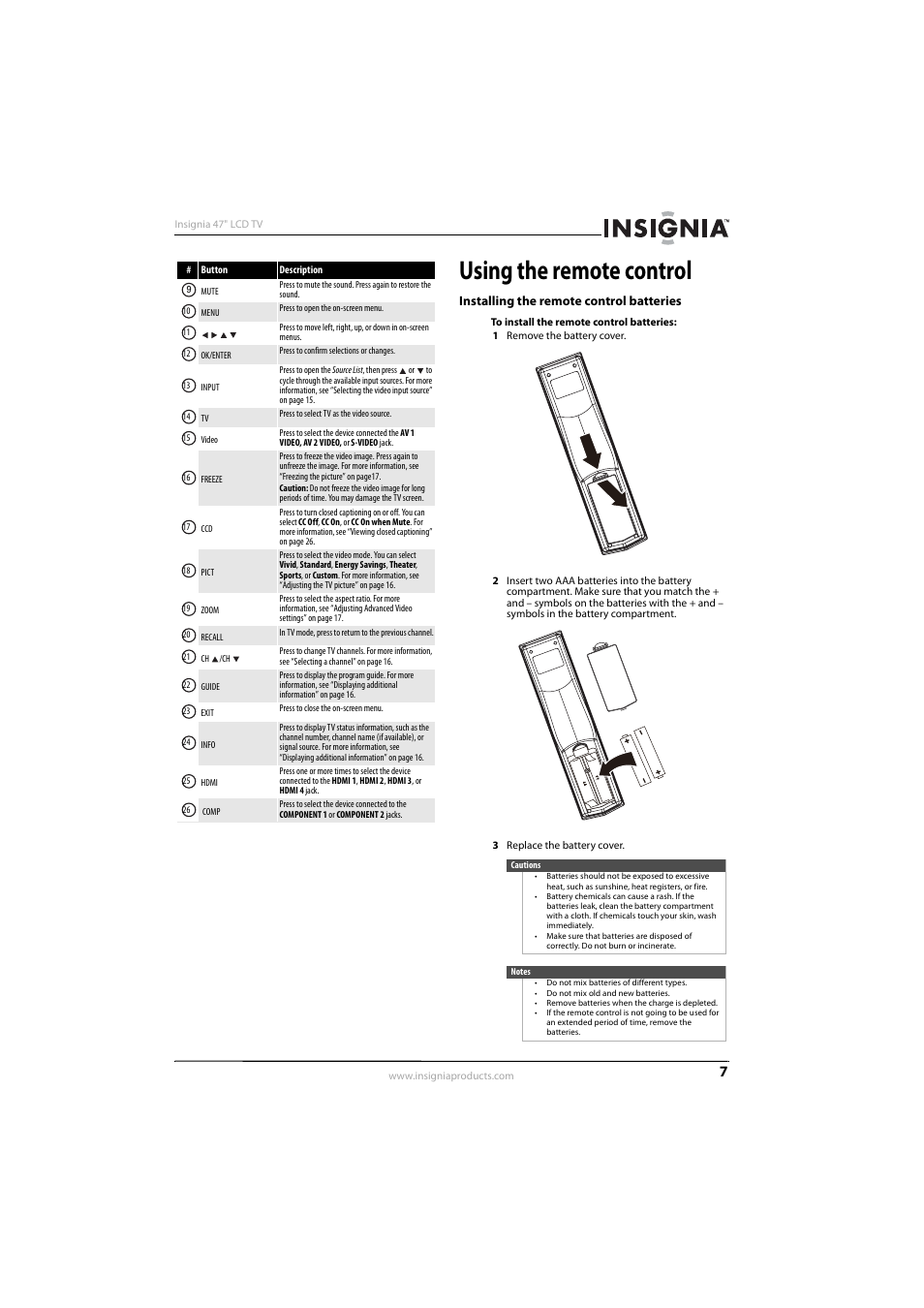 Using the remote control, Installing the remote control batteries | Insignia NS-L47Q09-10A User Manual | Page 11 / 40