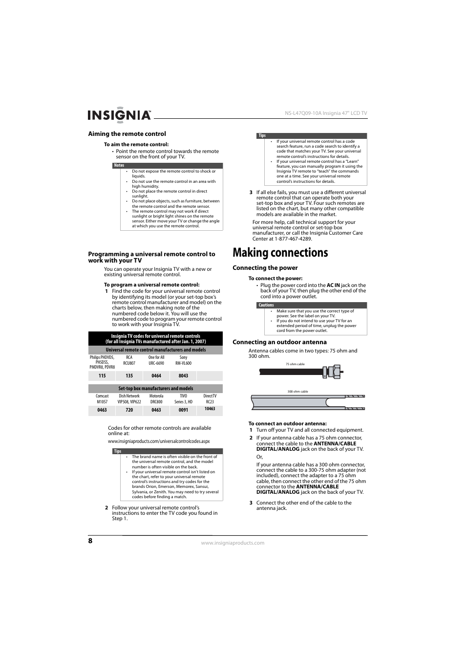 Aiming the remote control, Making connections, Connecting the power | Connecting an outdoor antenna, Connecting the power connecting an outdoor antenna, Ee “connecting an outdoor antenna | Insignia NS-L47Q09-10A User Manual | Page 12 / 40